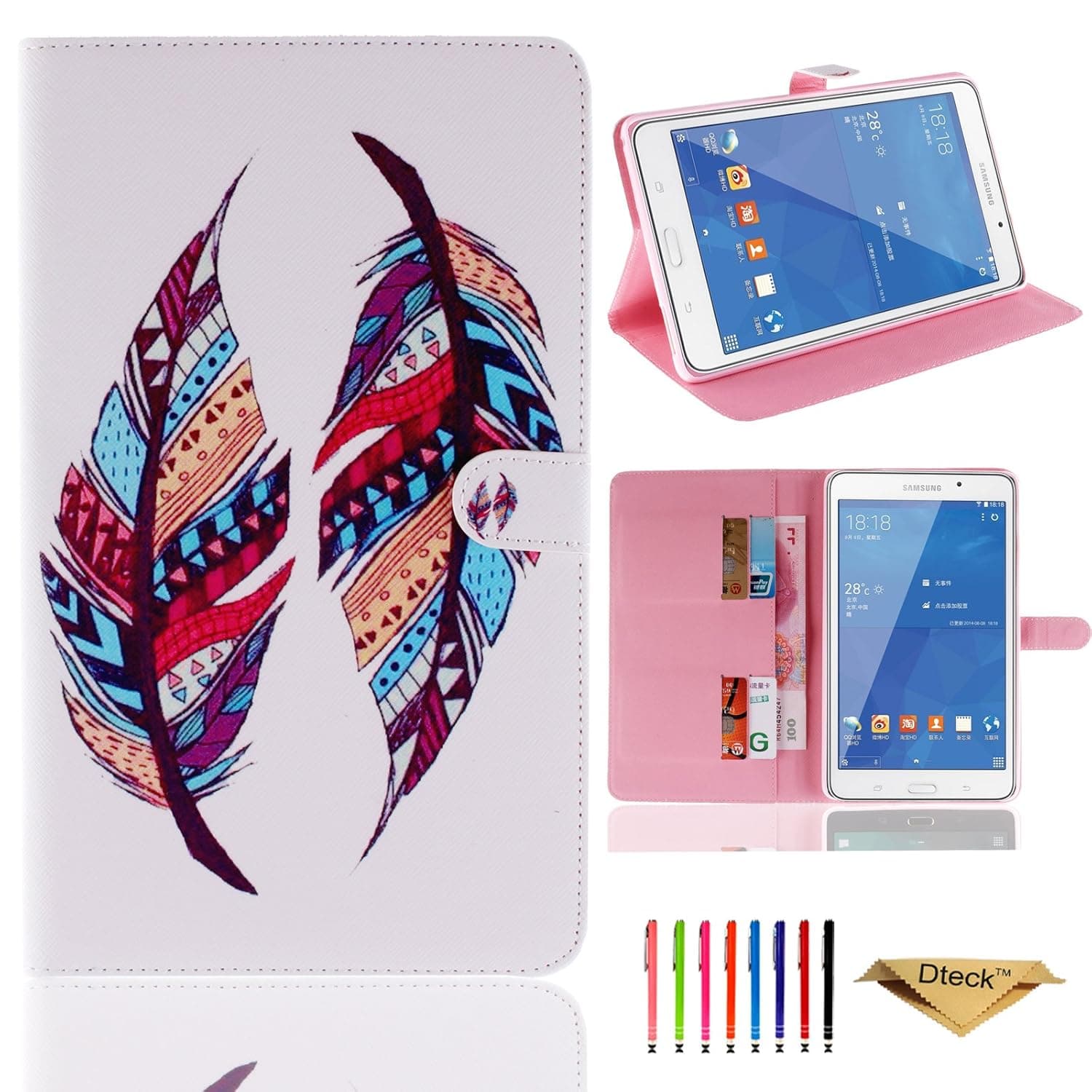 Tab 4 7.0 Inch Case, Dteck(TM) Slim Stylish Design Premium Leather Protective Case [Cards/Money Slots] Folio Flip Stand Pocket Case for Samsung Galaxy Tab 4 SM-230/T231/T235 (1 Colorful Feather)