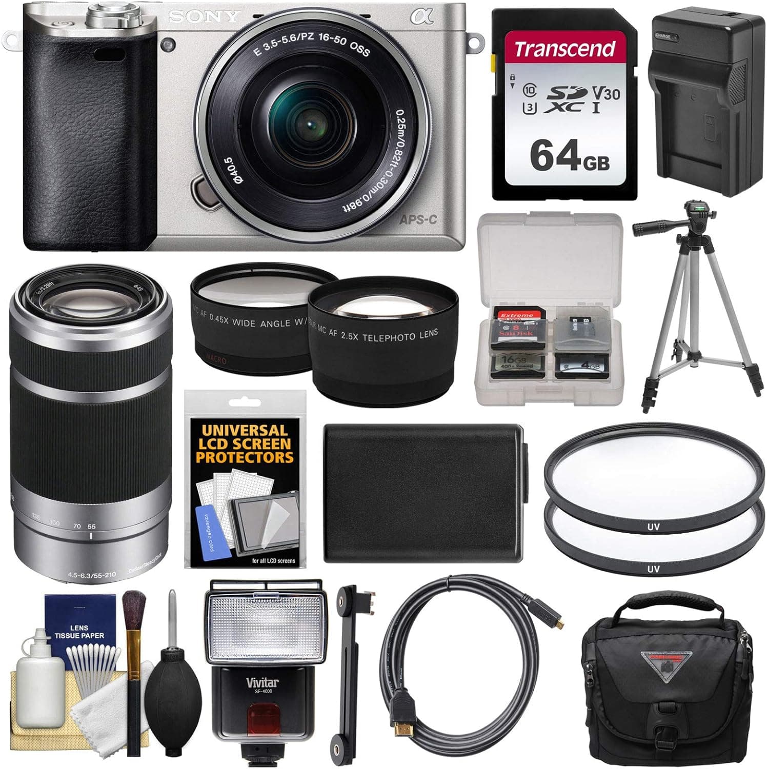 Sony Alpha A6000 Wi-Fi Digital Camera & 16-50mm Lens (Silver) with 55-210mm Lens + 64GB Card + Battery & Charger + Case + Filters + Tripod + Flash + Kit