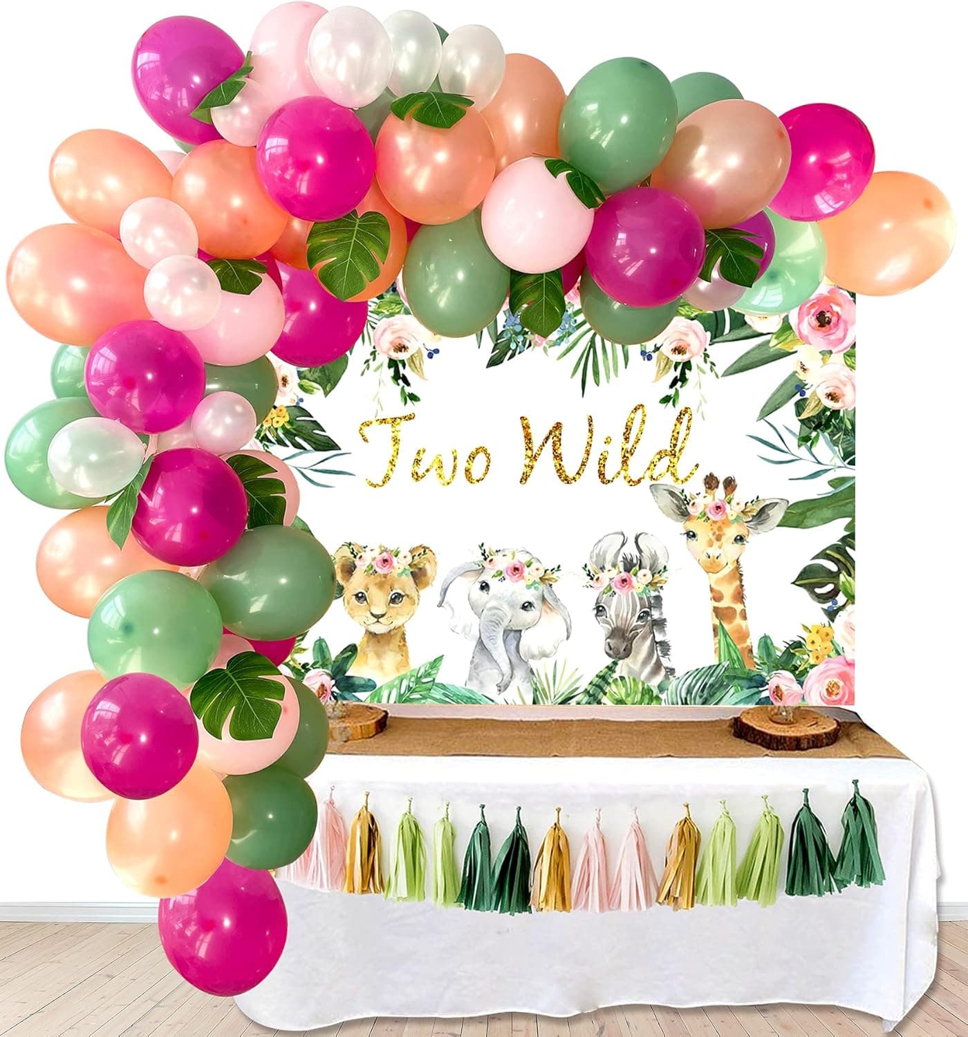 Two Wild Birthday Decorations Girl, Two Wild Backdrop, Jungle Theme 2nd Birthday Party Supplies for Girls, Jungle Safari 2nd Birthday Decorations Girl