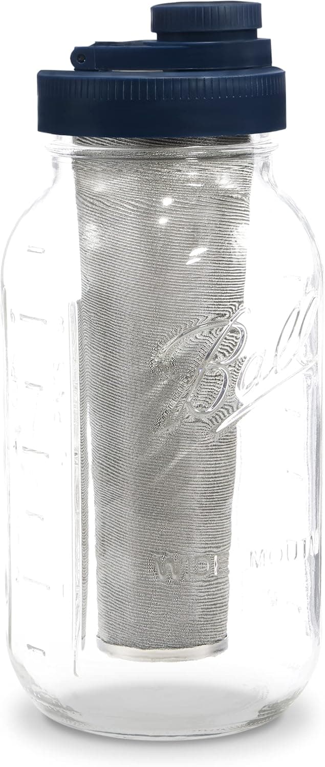 Cold Brew Coffee Maker Kit: Wide Mouth Mason Jar with Screw Top Pour Spout Lid, Stainless Steel Filter for Delicious Brewed Coffee, Infused Tea or Alcohol - 2 Quart 64 oz Blue Lid