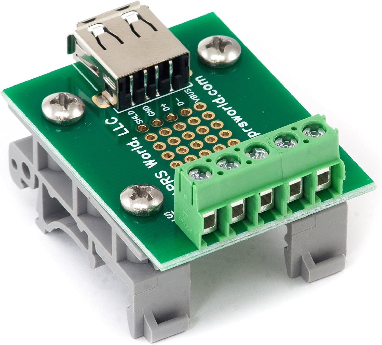 USB A Jack Breakout Board to Screw Terminals with DIN Rail Clips