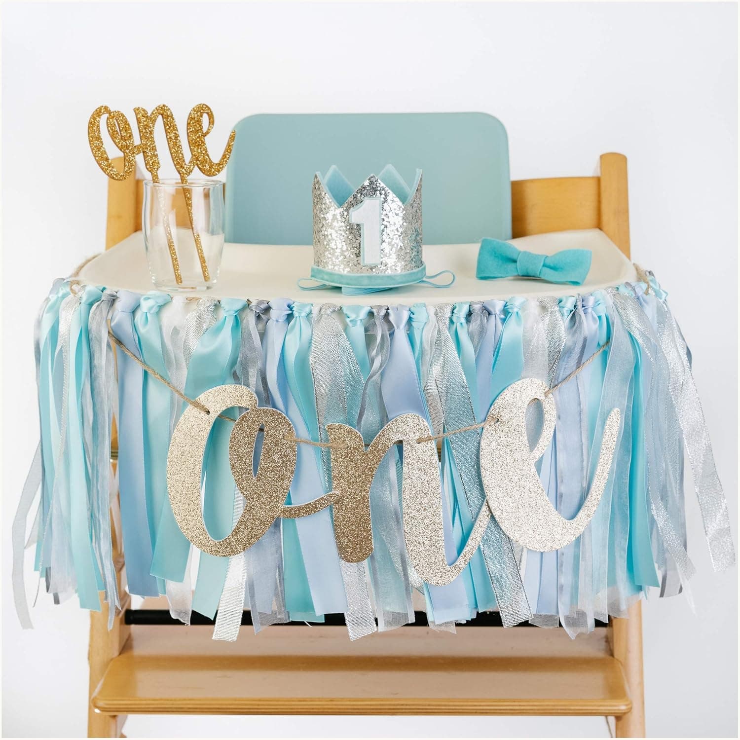 PapaKit Baby Boys 1st Birthday Little Prince High Chair Premium Decoration Set (Crown Hat, Bow Tie, Cake Topper, Banner, Garland)