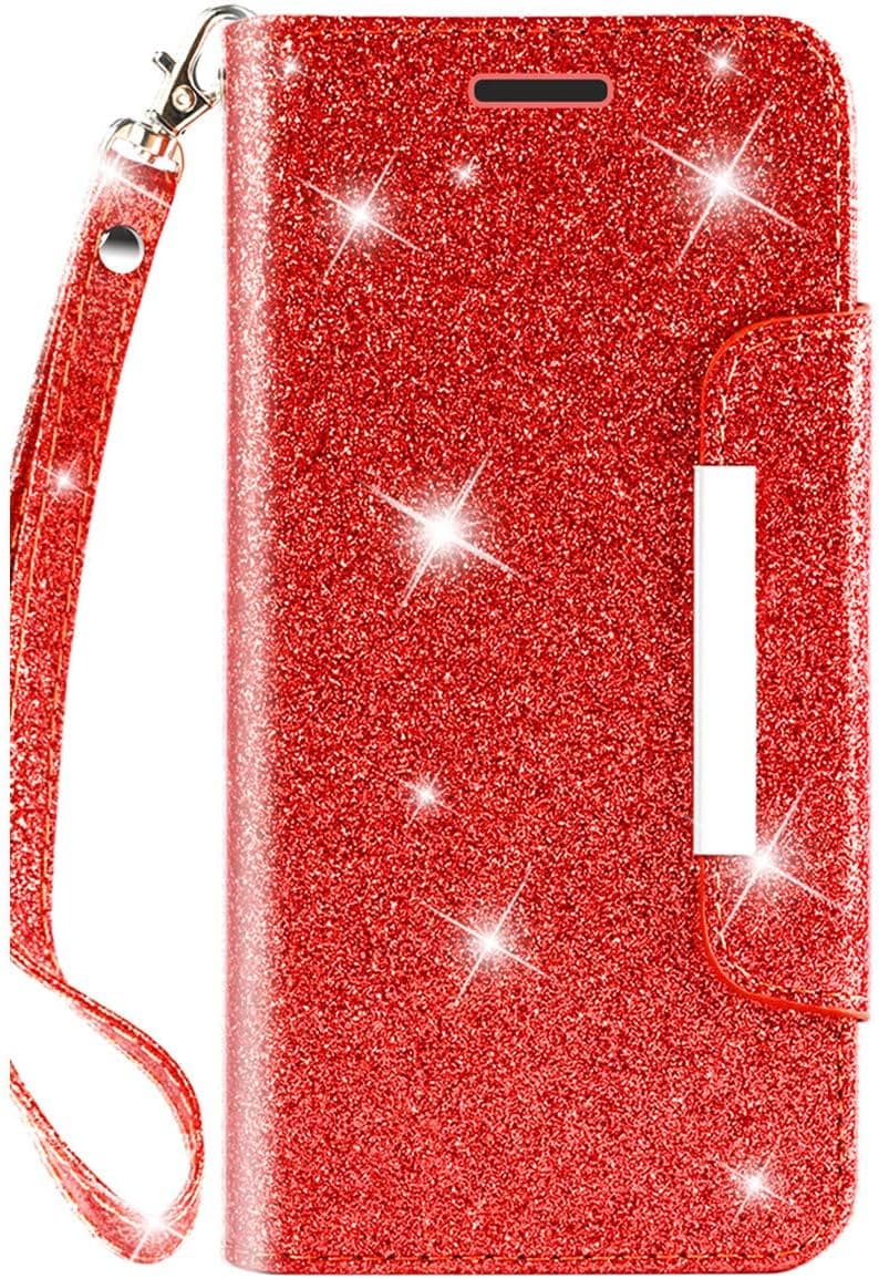 iPod Touch Case 7th Generation 2019 5th / 6th, for iPod 5/6 / 7 with Screen Protector Leather Bling Glitter Wallet Kickstand Credit Card Holder Slot for Girls/Women(Red)