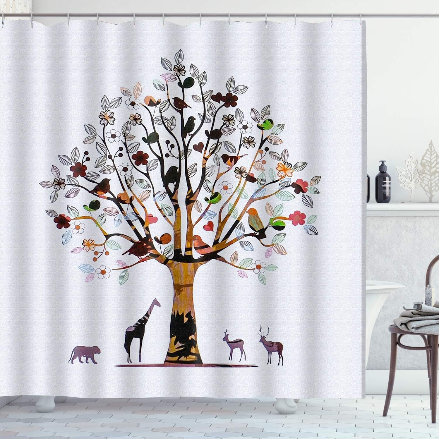 GURETER Tree of Life Shower Curtain, Branch Bird Forest Animal Bathroom Curtain, 72x72in, Home Bathroom Decoration Shower Curtain, Waterproof with 12 Hooks YLDSGE403