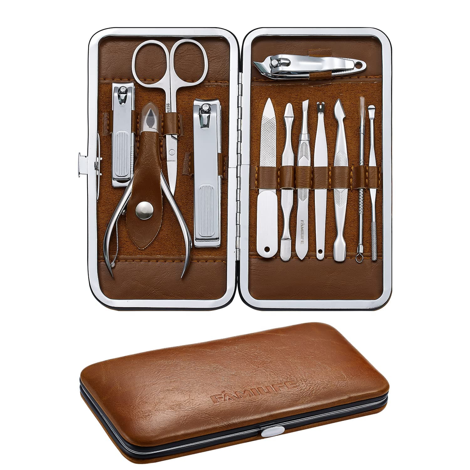 Manicure Set FAMILIFE Manicure Kit Pedicure Kit Nail Clippers Set 12pcs Mens Grooming Kit Men Manicure Set Professional Nail Care Nail Set Travel Nail Kit Stainless Steel Brown Leather Case Mens Gifts