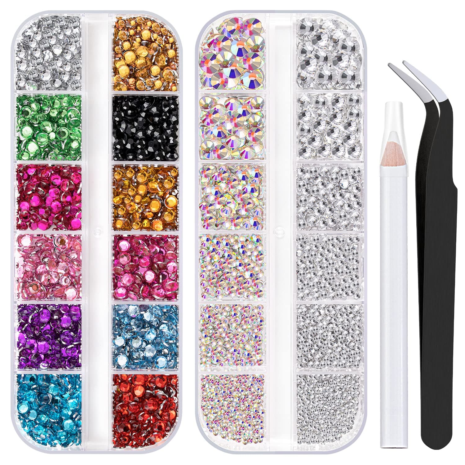 Two Boxes 4520 Pcs of Flatback Round Multiple Color Nail Art Rhinestones Colorful Crystal Kits 12 Colors+AB&Transparent White Rhinestones with Pickup Pencil and Tweezer For Home and Professional Use
