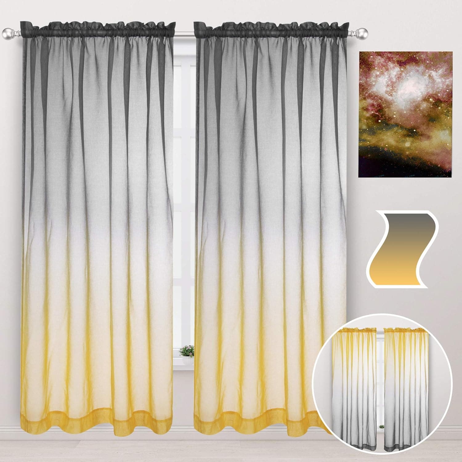 WONTEX Faux Linen 2 Tone Ombre Sheer Curtains for Bedroom/Living Room, 42 x 84 Inch Long, Yellow and Grey – Privacy and Light Filtering Rod Pocket Semi Sheer Voile, Gradient Curtain, Set of 2 Panels