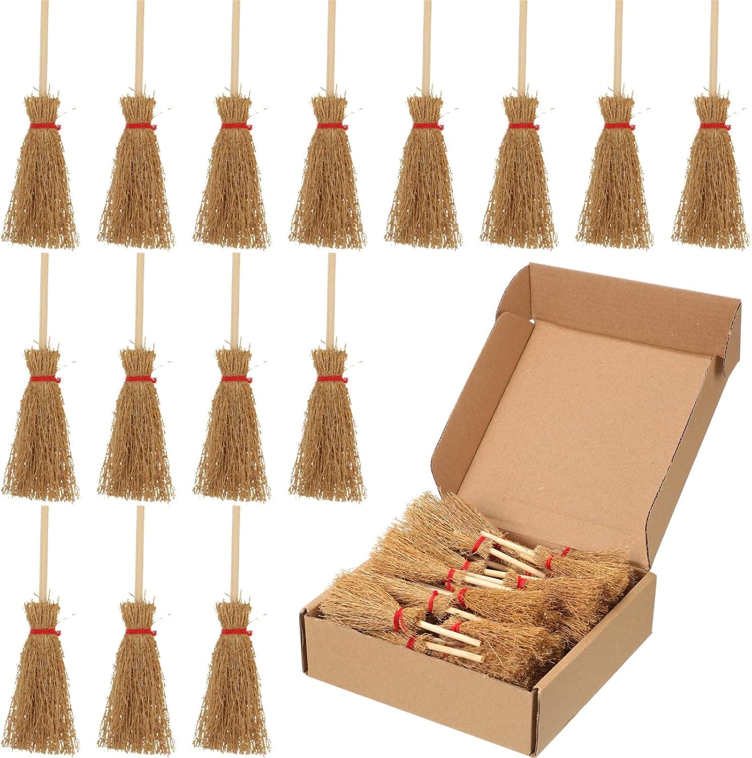 Cindeer 50 Pcs Miniature Mini Straw Brooms Artificial Halloween Straw Craft Decoration Small Dollhouse Witch Broomstick with Red Ropes Wizard Toy Witches Accessory for Costume Cosplay Party