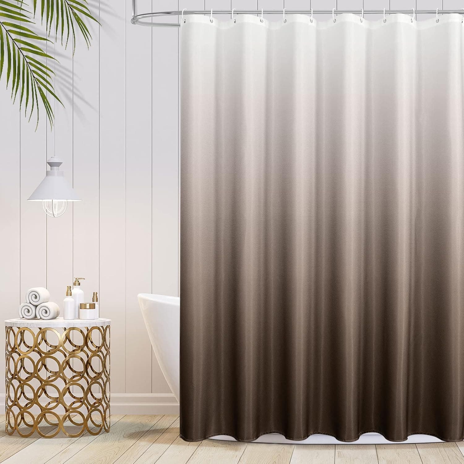 MitoVilla Light Brown Waffle Shower Curtain Set, Modern Waffle Weave Fabric Shower Curtain for Brown White Bathroom Decor, Copper Brown Ombre Hotel Bathroom Shower Curtain, 72 x 72