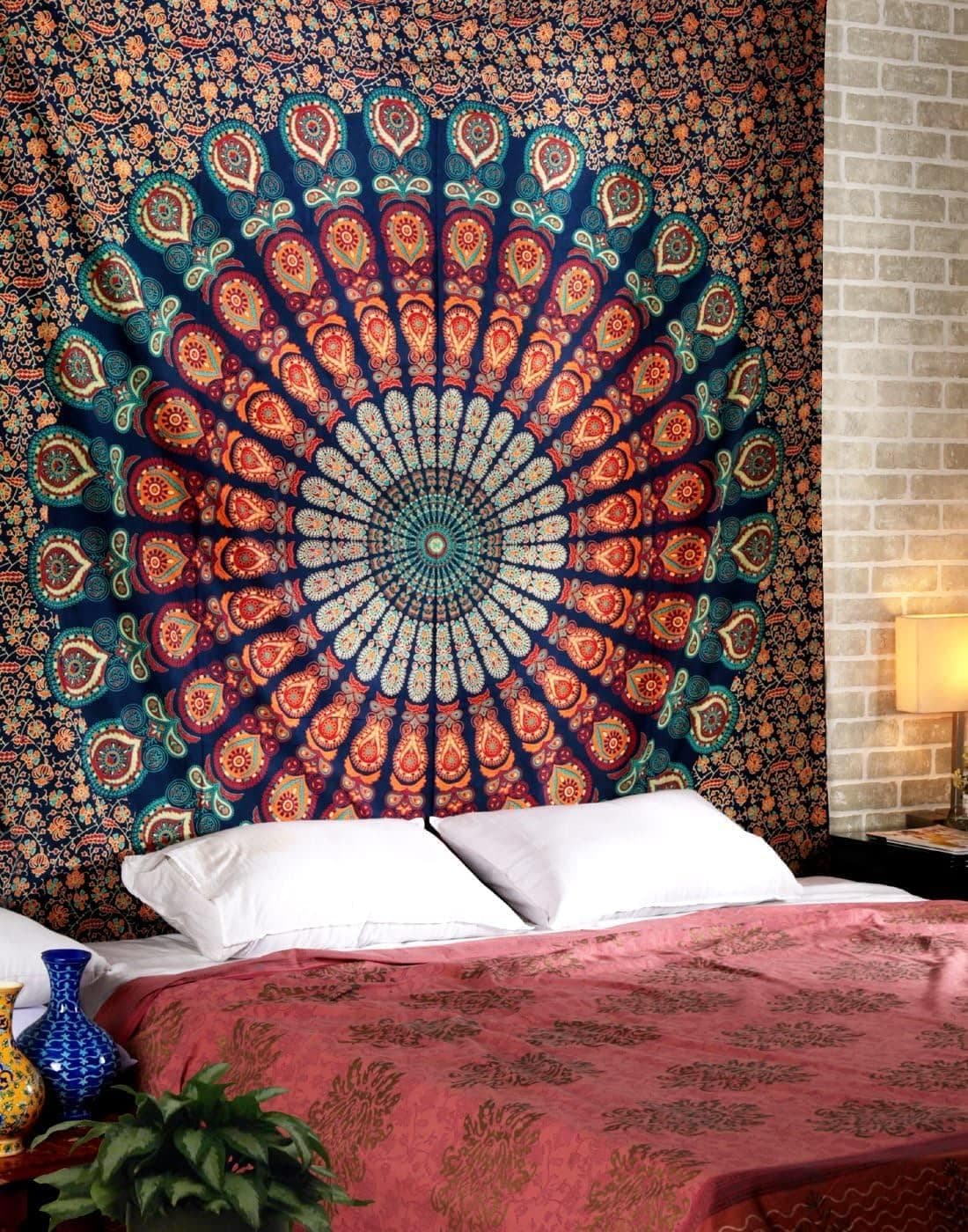 RAJRANG BRINGING RAJASTHAN TO YOU Peacock Mandala Tapestry Hippie Wall Hanging 90x84 inch Decorative Trippy Tapestries Boho Indian Handmade Cotton Bedspread