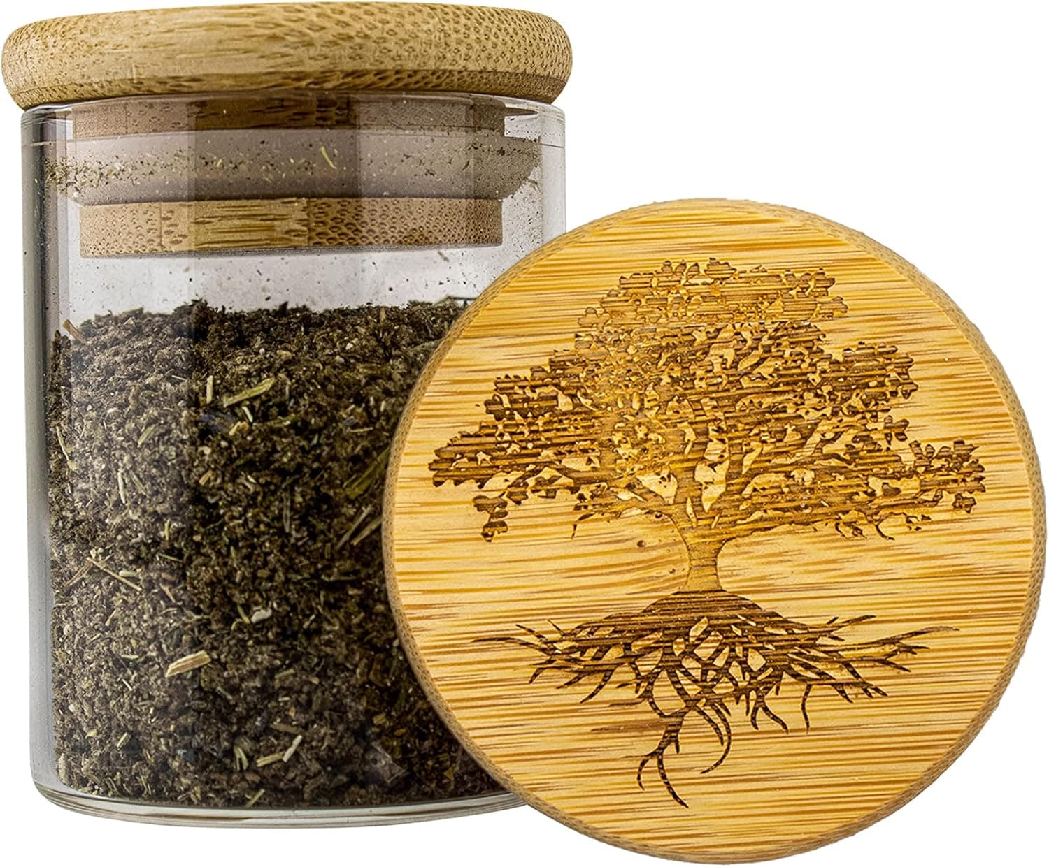 Hakuna Supply - Glass Storage Jar with Decorative Airtight Bamboo Lid - Multi-Use Storage Container for Herbs, Tea, Candy, Q-Tips, etc. for The Bedroom, Kitchen, and Bathroom (1/8 Oz, Tree of Life)