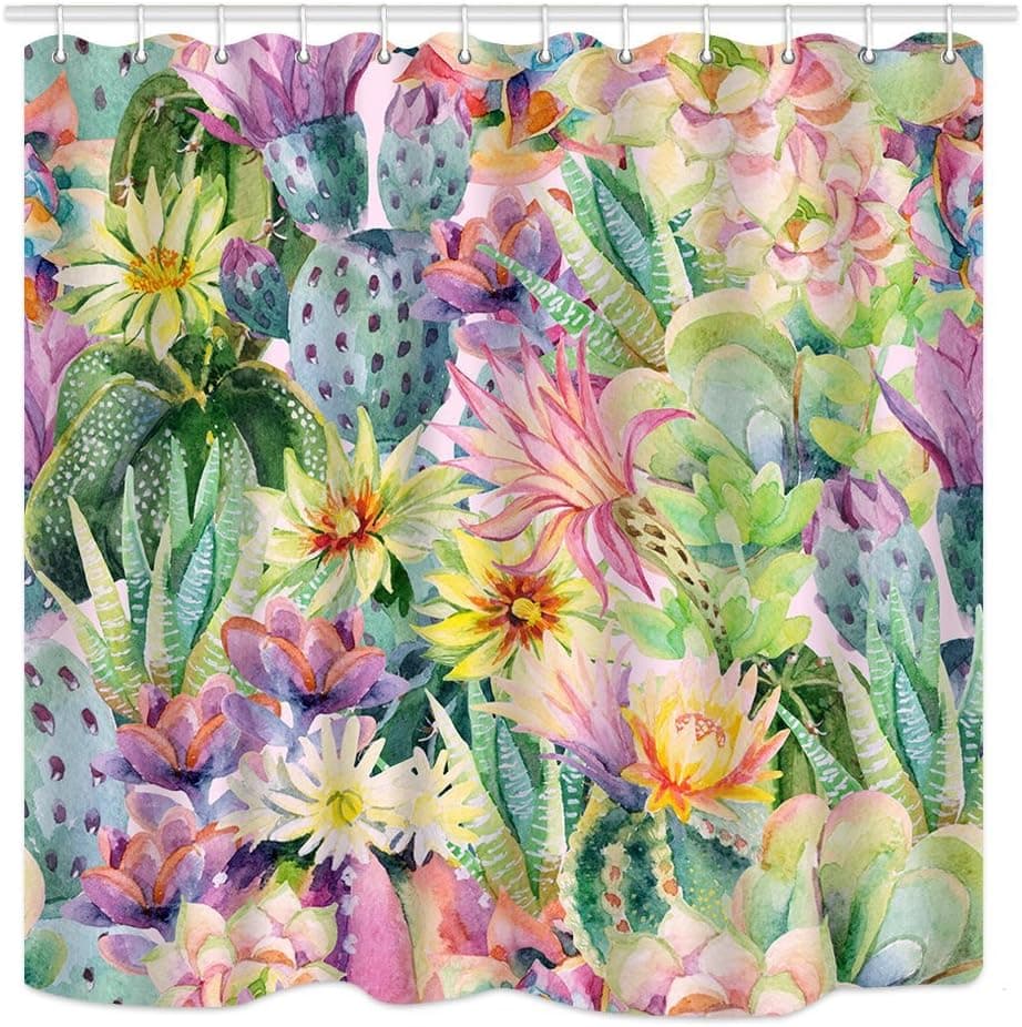 DYNH Tropical Cactus Shower Curtain, Succulent Plants and Blooming Cacti Watercolor Illustration, Waterproof Fabric Bathroom Decor, Bath Curtains Accessories, with Hooks, 69X70 Inches