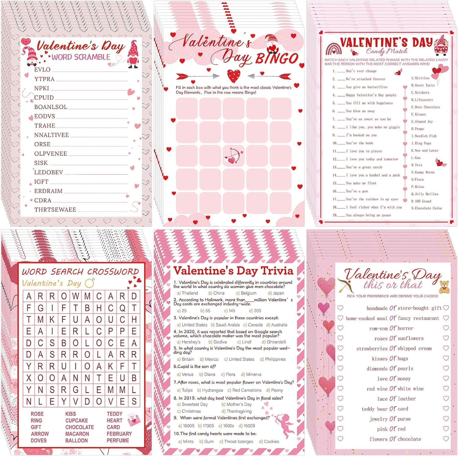 Funtery 150 Pcs Valentine's Day Games Valentine Bingo Game for Adults Kids Valentine's Day Party Games Word Search Classroom Games Valentine Gifts Boys Girls Birthday Party Favors Supplies, 6 Style