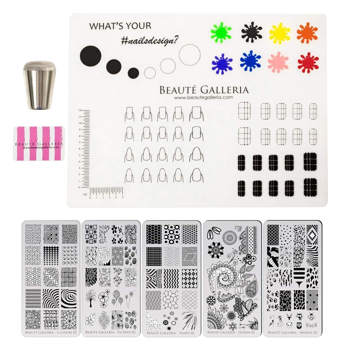 Beaute Galleria Bundle Nail Art Stamping Set - 5 Styles of Premium Etched Stamping Plates Image Templates, Silicone Nail Mat, Nail Stamper, Plate Scraper and Instruction Card