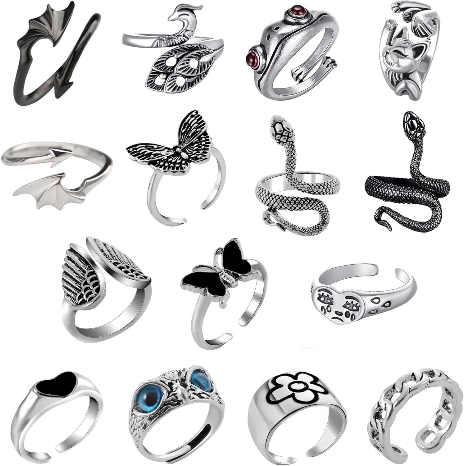 MOROTOLE 16 Pcs Punk Ring Set For Women Gothic Ring For Women Cute Animal Open Rings Vintage Butterfly Snake Adjustable Ring Set