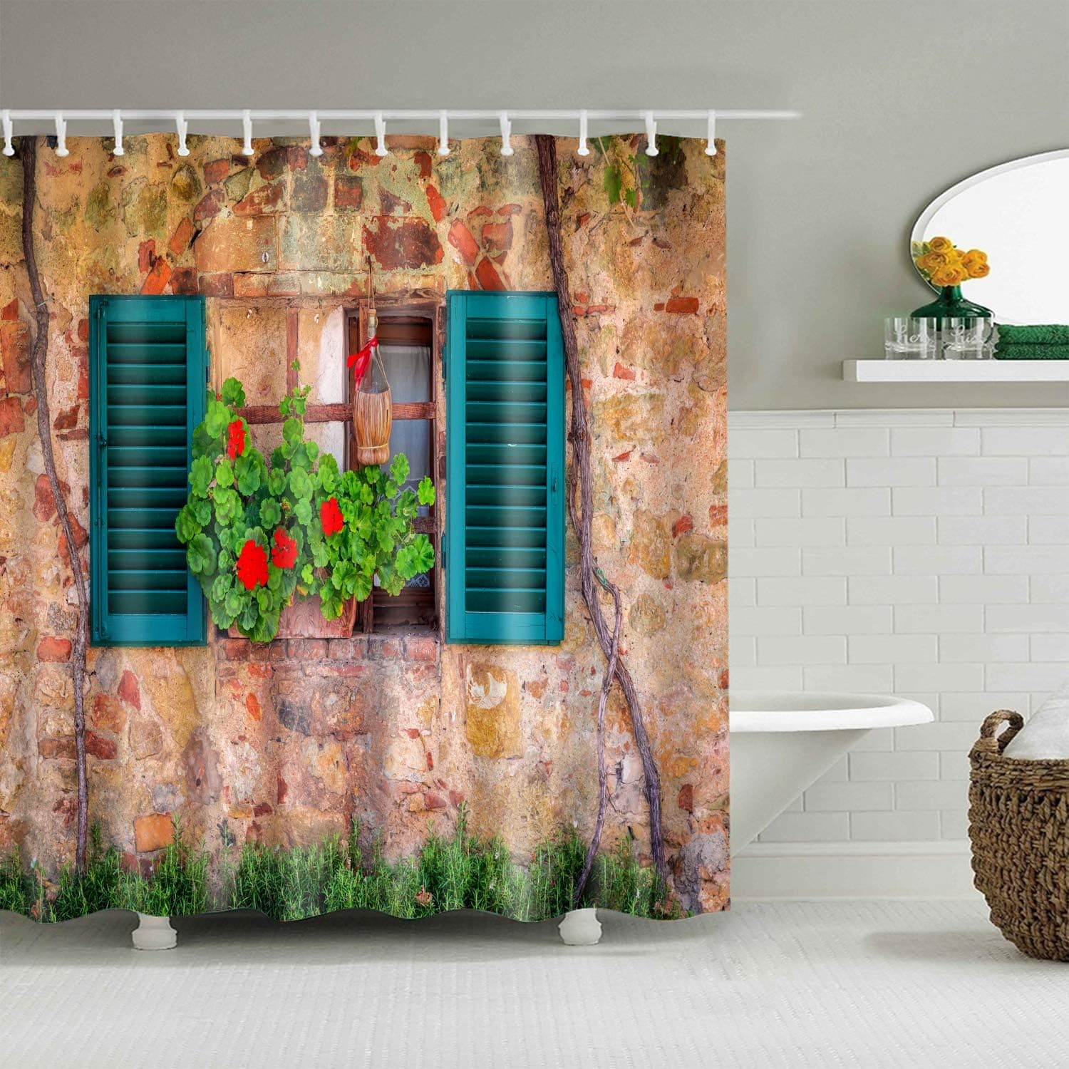 Hibbent Shutters Decor Shower Curtain - Weathered Old Window with Flowers and Grass on Brown Farmhouse Rural Scene Front View - Polyester Fabric Bathroom Shower Curtain Set with Hooks - 72 x 72 Inch