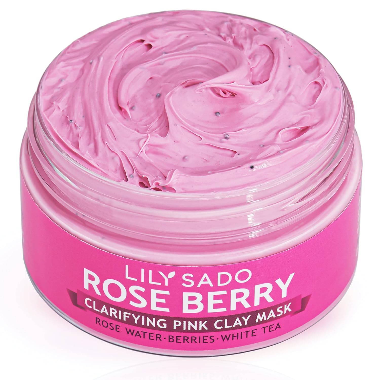 LILY SADO ROSE BERRY Rose Water & Berries Pink Clay Mask with White Tea & Exfoliating Jojoba Beads - Clarifying Facial Mask Prevents Acne, Oily Skin & Blackheads - Anti-Aging Antioxidant Defense Against Wrinkles, Undereye Dark Circles - Minimizes Pores, Maximizes Radiance - 4.23 oz