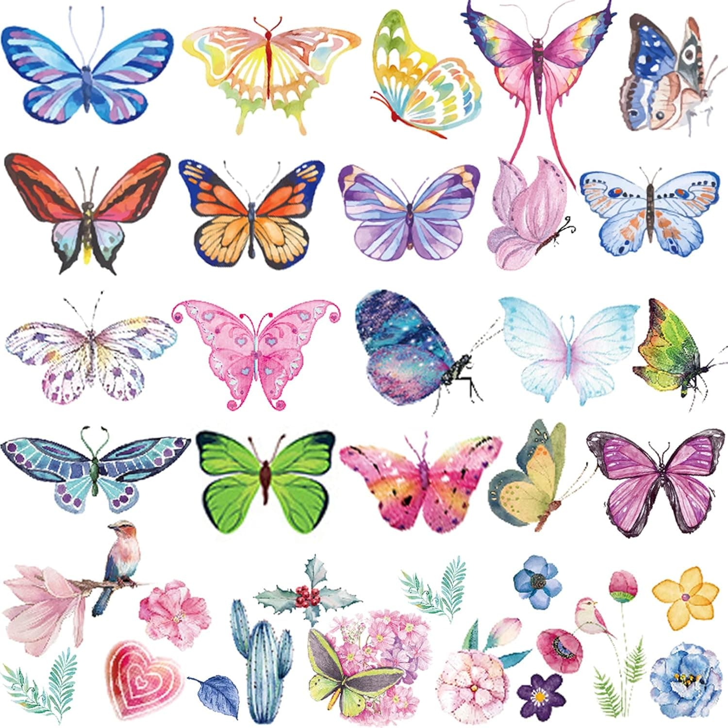 Coszeos Butterfly Tattoos for Women Girls Kids, 20 Sheets Fake Temporary Flower Colorful Butterflies Wings Tattoo Stickers Art Waterproof for Face Body Arm Birthday Party Favors Supplies Gifts