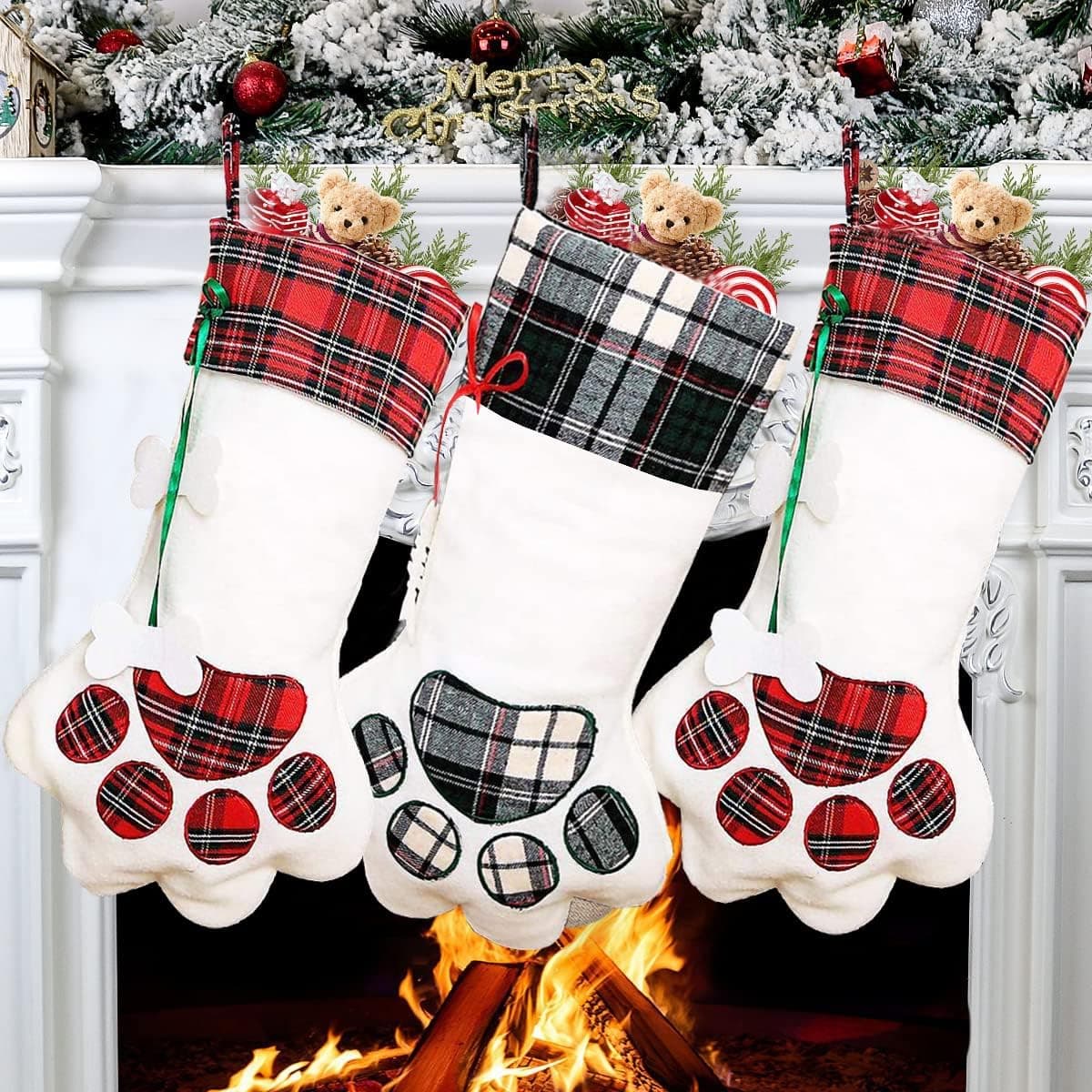 Sugaroom Personalized Christmas Stockings Cat Dog Stockings Christmas Plaid Large Paw Hanging Christmas Stocking for Dogs Pets Christmas Decorations Xmas Holiday Season Decor, 3 Pack