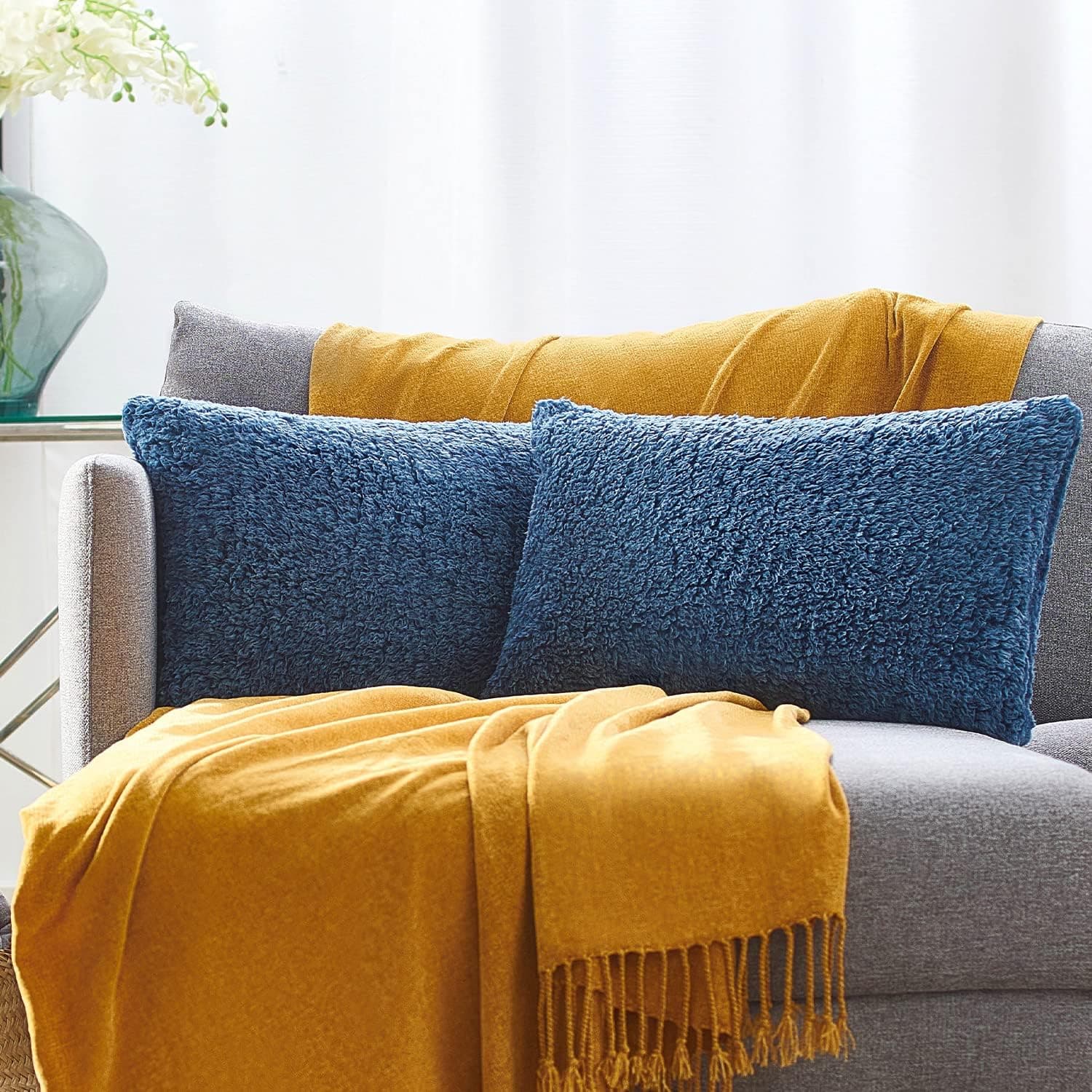 PAULEON 12 x 20 Pillow Covers Set of 2 – Melange Classic BlueThrow Pillow Covers, Sherpa Square Cushion Cover Pillow Case to Accent Couch, Sofa, Living Room