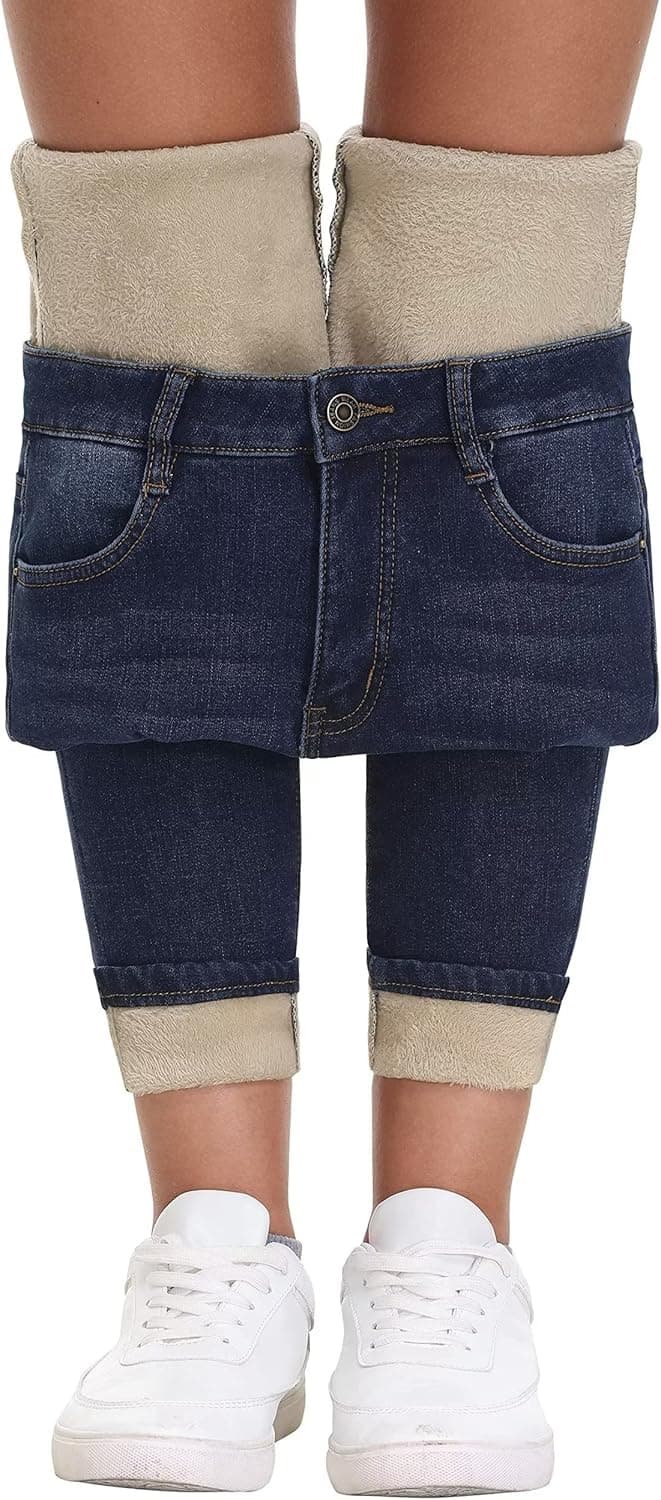 KDF Womens Fleece Lined Jeans Women Thermal Winter Jeans Warm Stretch Denim Fleece Lined Pants Jeans