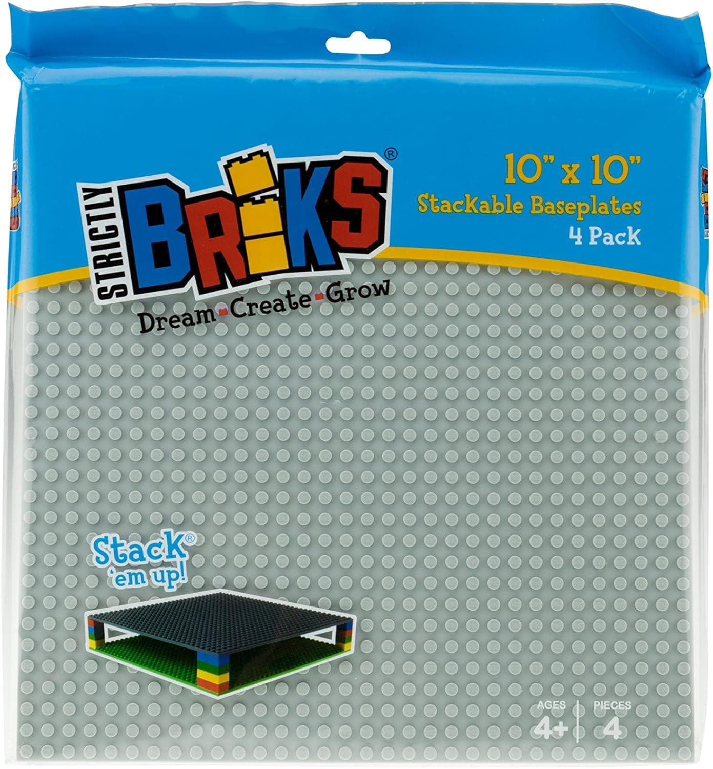Strictly Briks Classic Baseplates for Building Bricks 100% Compatible with Major Brands | Building Bases for Tables, Mats and More! | 4 Light Gray Base Plates 10" x 10"