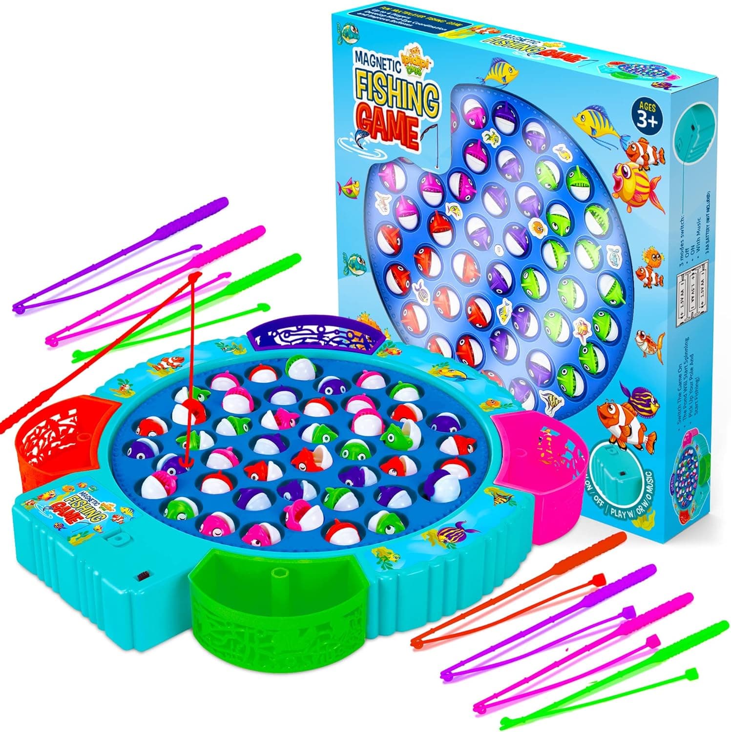 Fishing Game Play Set - 45 Magnetic Fish, 8 Poles & Rotating Board On-Off Music - Family Children Backyard Colorful Toy Games for Kids and Toddlers Age 3 and Up - Blue