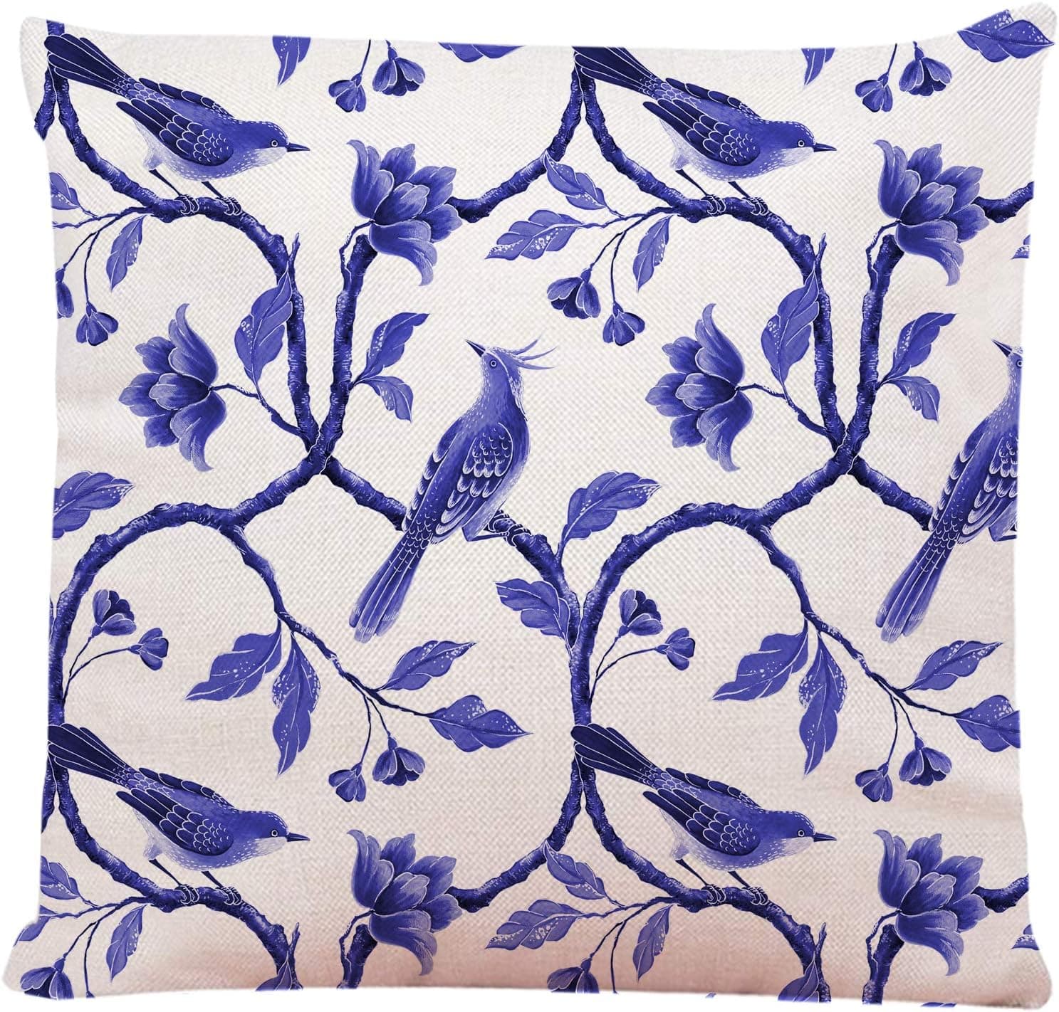 Ofocam Throw Pillow Cover Chinoiserie Blue White Floral Pattern Spring Flowers and Birds Hand Oriental Decorative Throw Pillow Cushion Case for Home Couch Living Room Bed 18 x 18 Inches Pillowcase