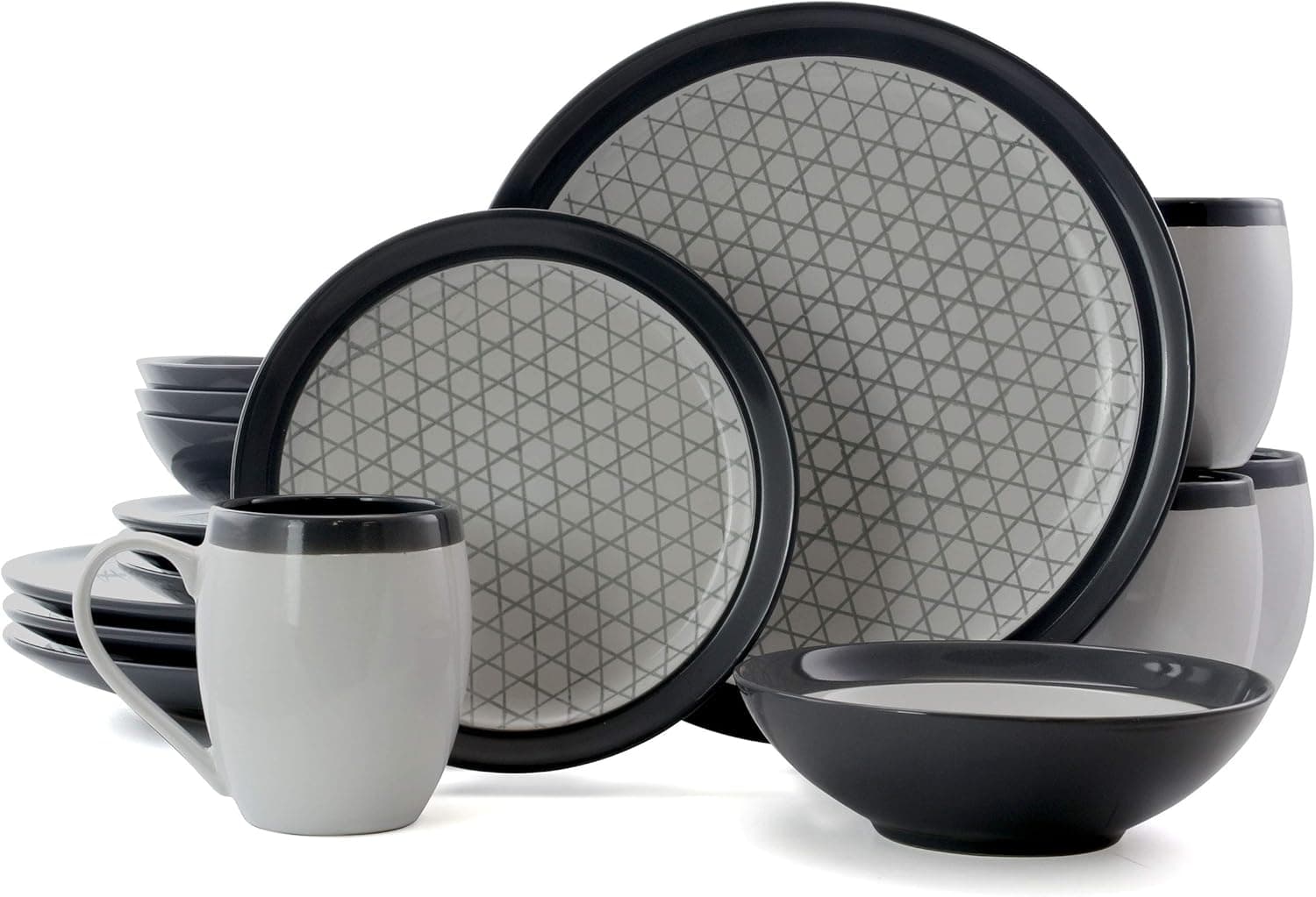 Elama Round Stoneware Dinnerware Dish Set, 16 Piece, Dark and Light Gray with Fine Line Accents