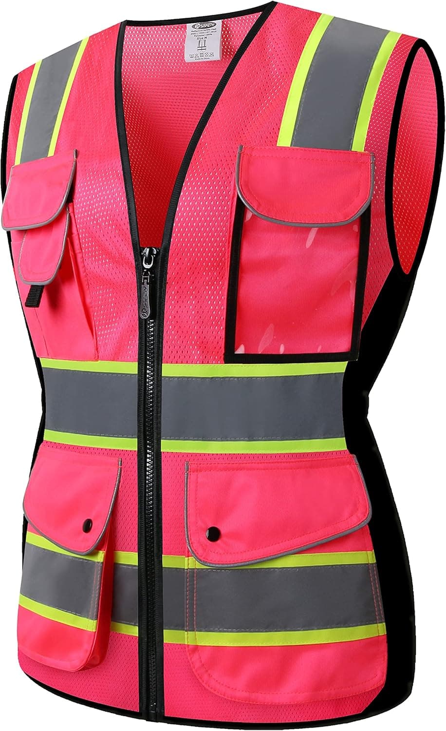 JKSafety 9 Pockets Women Hi-Vis Reflective Safety Vest | Mesh Neon Pink | Reflective Strips with Yellow Extended Trims | ANSI Compliant (168-Pink, M)