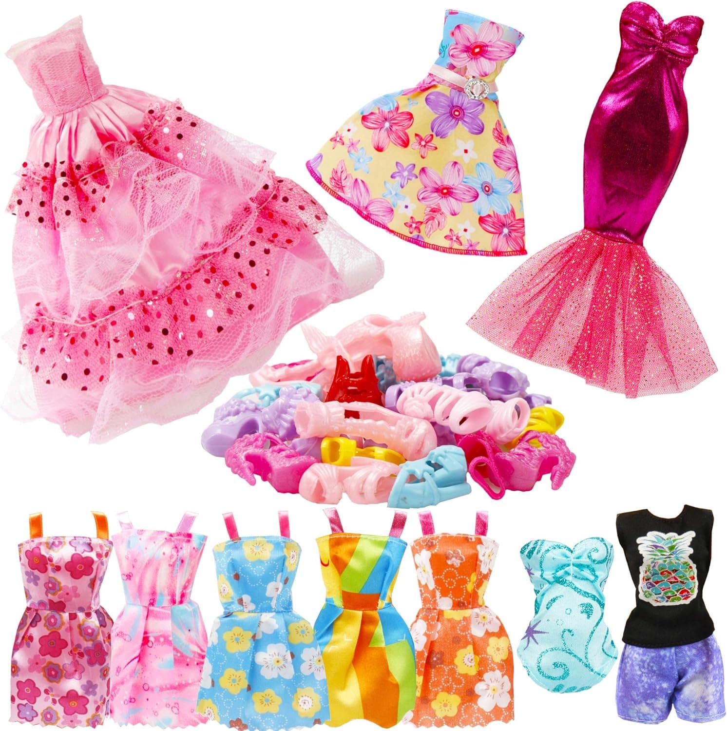 20 Pack Doll Clothes and Accessories Including 1 Wedding Dress 1 Evening Dress 1 Top and Pant 1 Swimsuits 1 Fashion Dress 5 Slip Dress 10 Pair Shoes for 11.5 Inch Doll