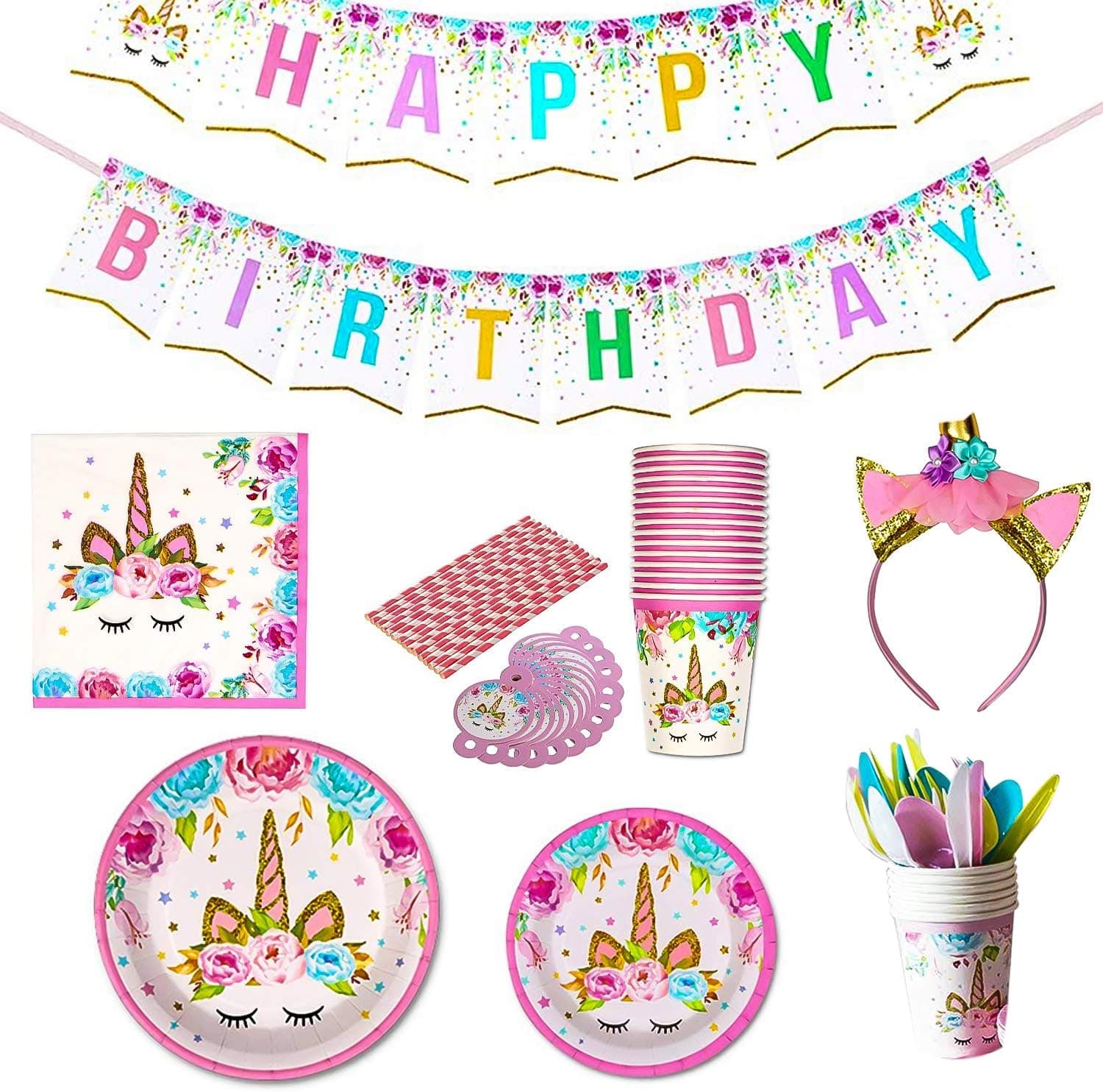 The Happy Market | Unicorn Party Supplies Set For 16 Guests | Unicorn Birthday Party Supplies | Happy Birthday Banner | Napkins | Plates | Cups | Utensils |