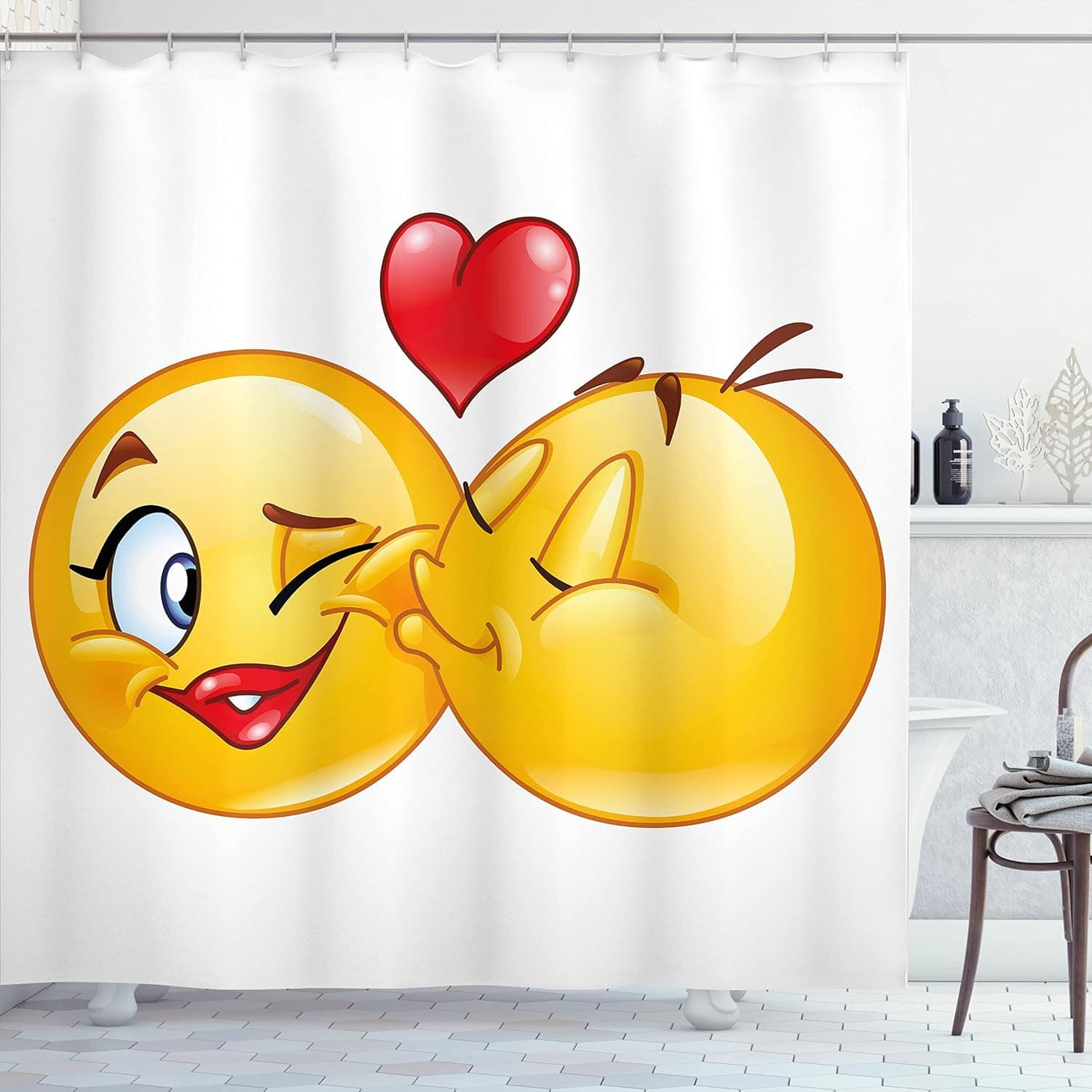 Ambesonne Emoticon Shower Curtain, Romantic Flirty Loving Smiling Faces Couple Kissing Eachother Hearts Image Print, Cloth Fabric Bathroom Decor Set with Hooks, 69" W x 70" L, Mustard White Vermilion