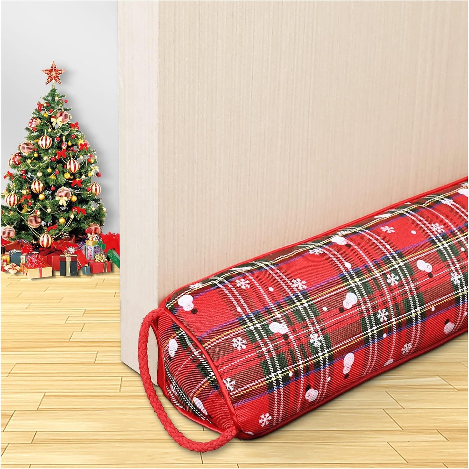 Triangle Under Door Draft Stopper Noise Blocker 36 Inches for Door Bottom Air Seal Insulation and Soundproof, Heavy Duty Weather Guard Snake Stripping, Tartan Check Red and Snowflake