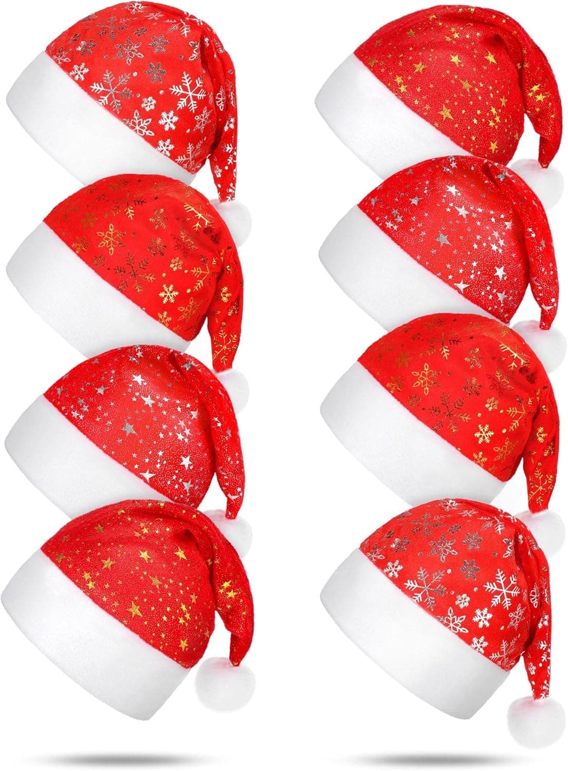Civaner 8 Pieces Christmas Santa Hat Plush Fabric Christmas Hat Red Glitter Star and Snowflake Santa Hat Xmas Holiday Hat for Christmas Party Ornaments Party Supplies
