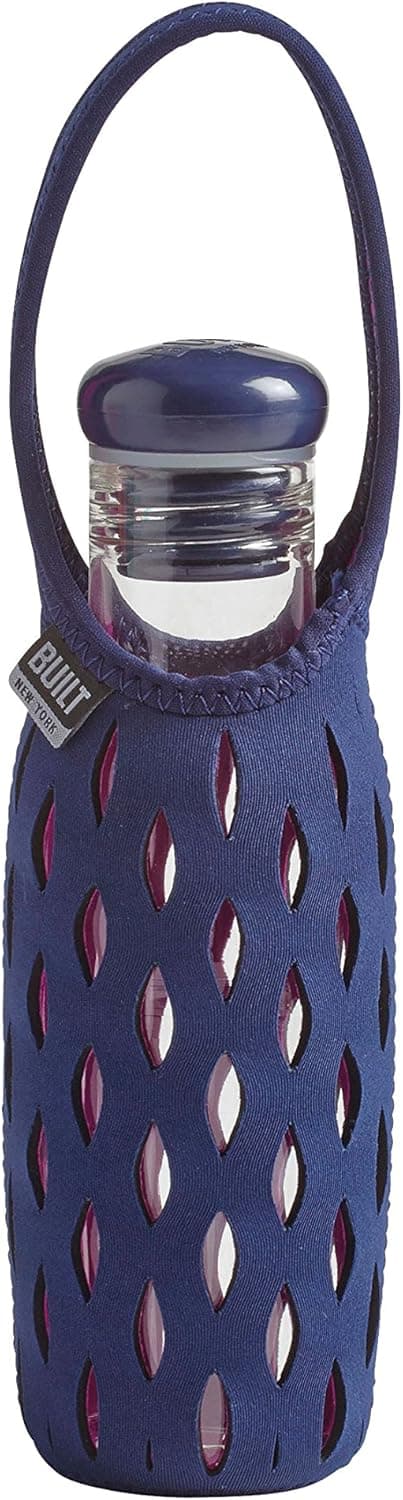 BUILT NY Glass Water Bottle with Neoprene Tote, 17-Ounce, Navy