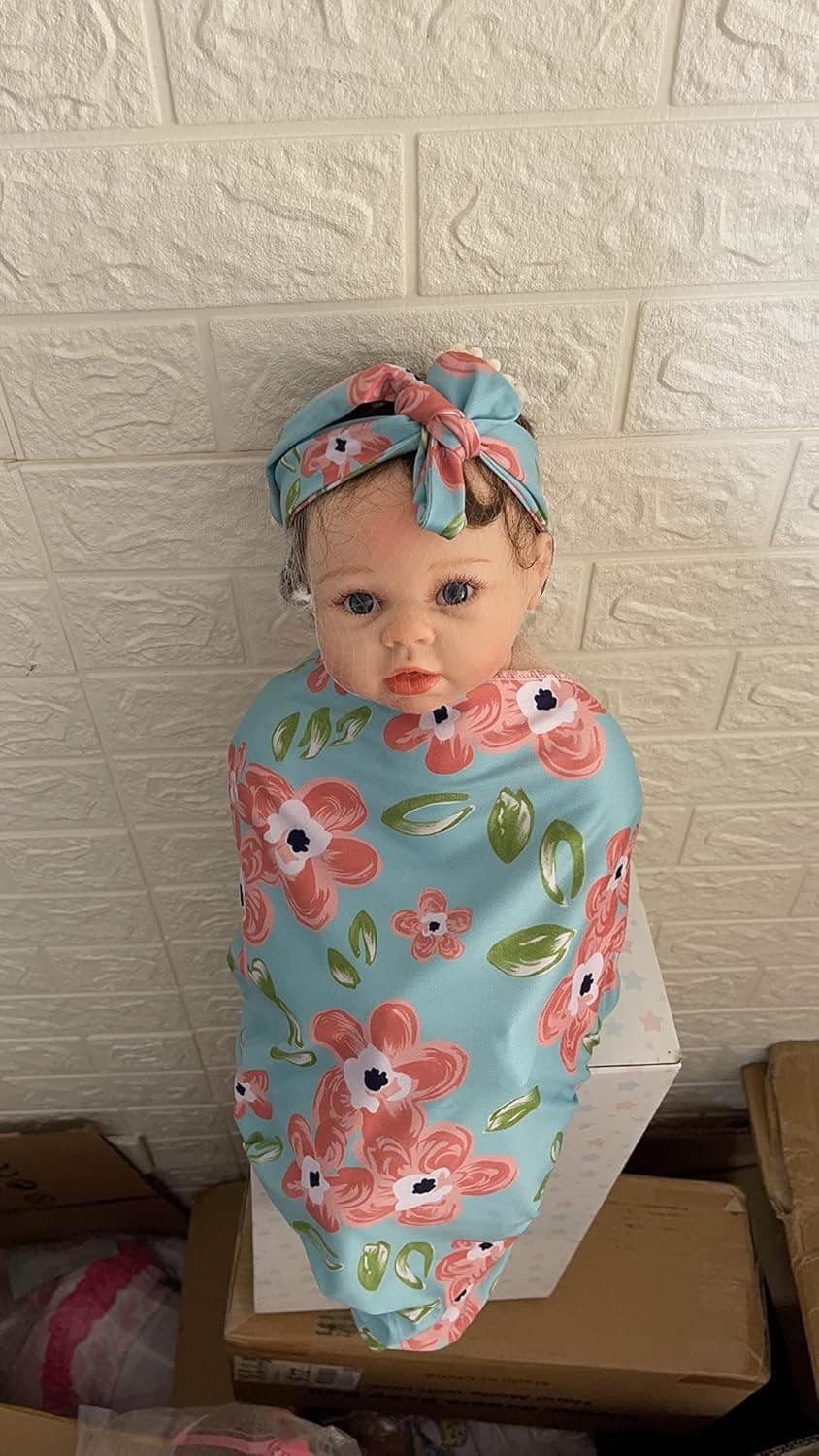 Reborn Baby Dolls Accessories Clothes Floral Swaddle Blanket for 18-24 inch Reborn Dolls,Receiving Blankets +Bow Headband Sets