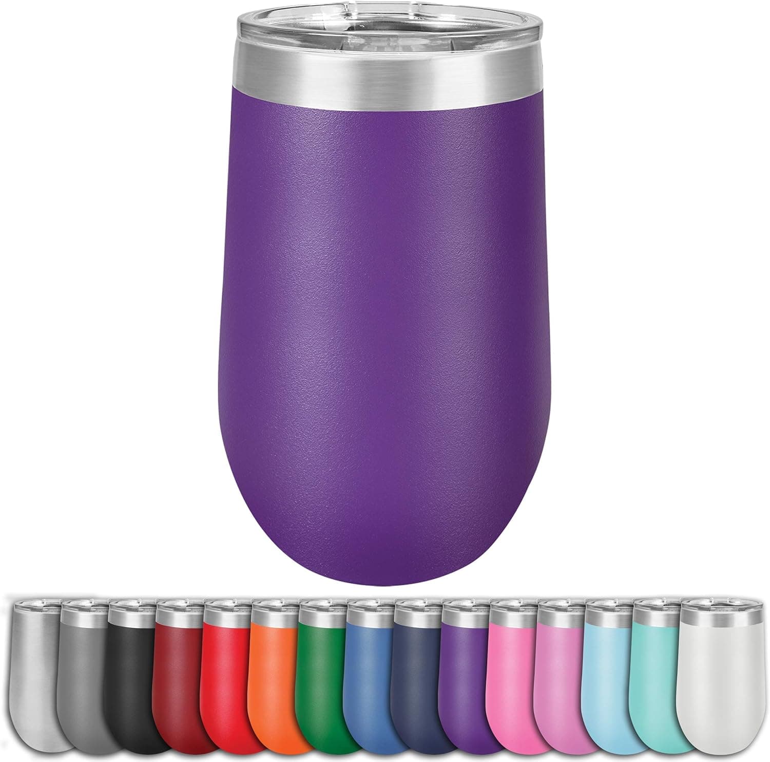 Clear Water Home Goods - 16 oz Stainless Steel Wine Tumbler with Lid, Stemless Vacuum Insulated Double Wall 18/8, Powder Coated - Purple