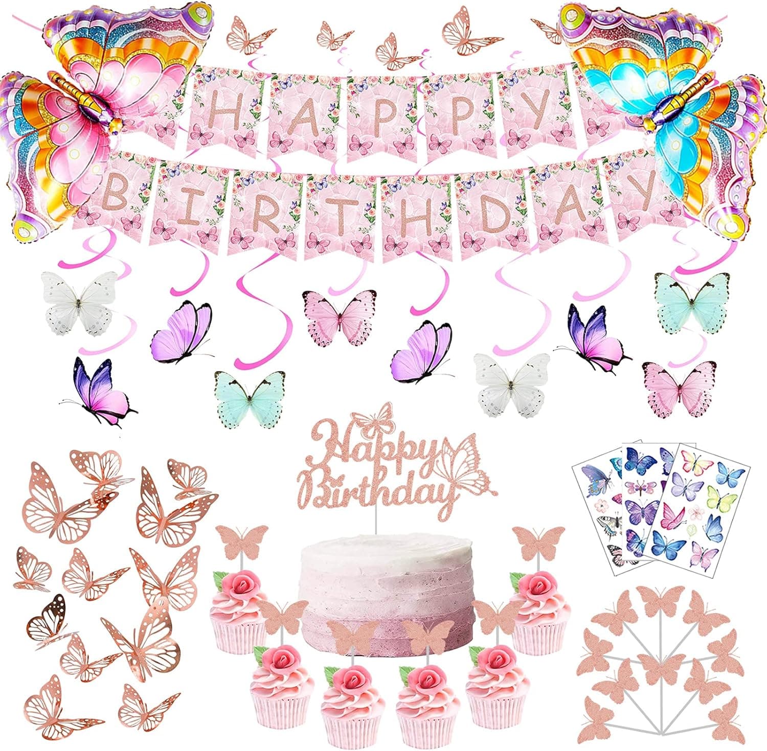 Butterfly Party Decorations Butterfly Birthday Decorations Party Supplies Pack Include Butterfly Birthday Banner, Butterfly Hanging Swirls, Butterfly Cake Cupcake Toppers, Giant Butterfly Balloon, Tattoos and Wall Stickers