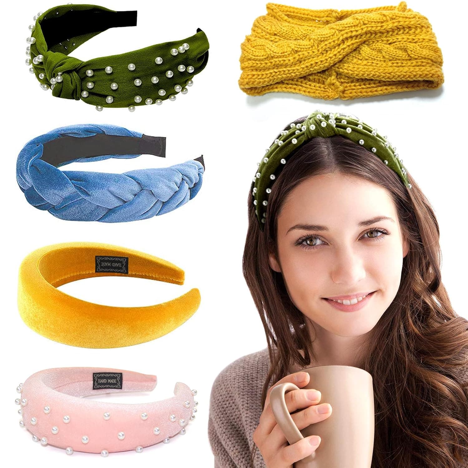 JUNBEI 4 Colors Velvet Braided Headband & 1 Ear Warmer Headband for Women, Elegant Twisted Knotted Headband Fashion Hair Accessories Pearls Headband Fancy Headbands for Women and Girls