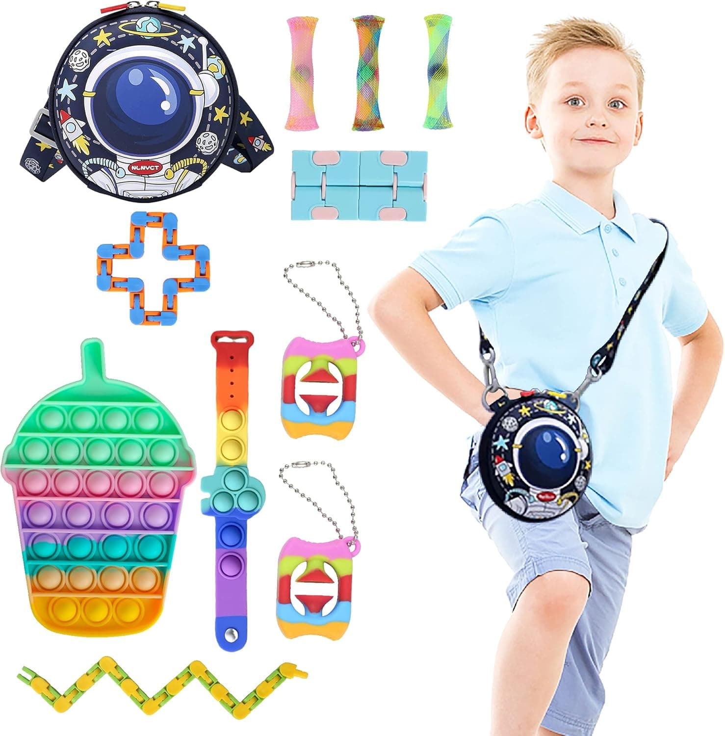 NLNYCT Fidget Toys,Fidget Toy Pack,Popper Fidget Toy,Wristband Fidget Toys,Silicone Stress Toys,10 pcs Fidget Toys for Kids Adults ADHD with Toddler Backpack for Boys