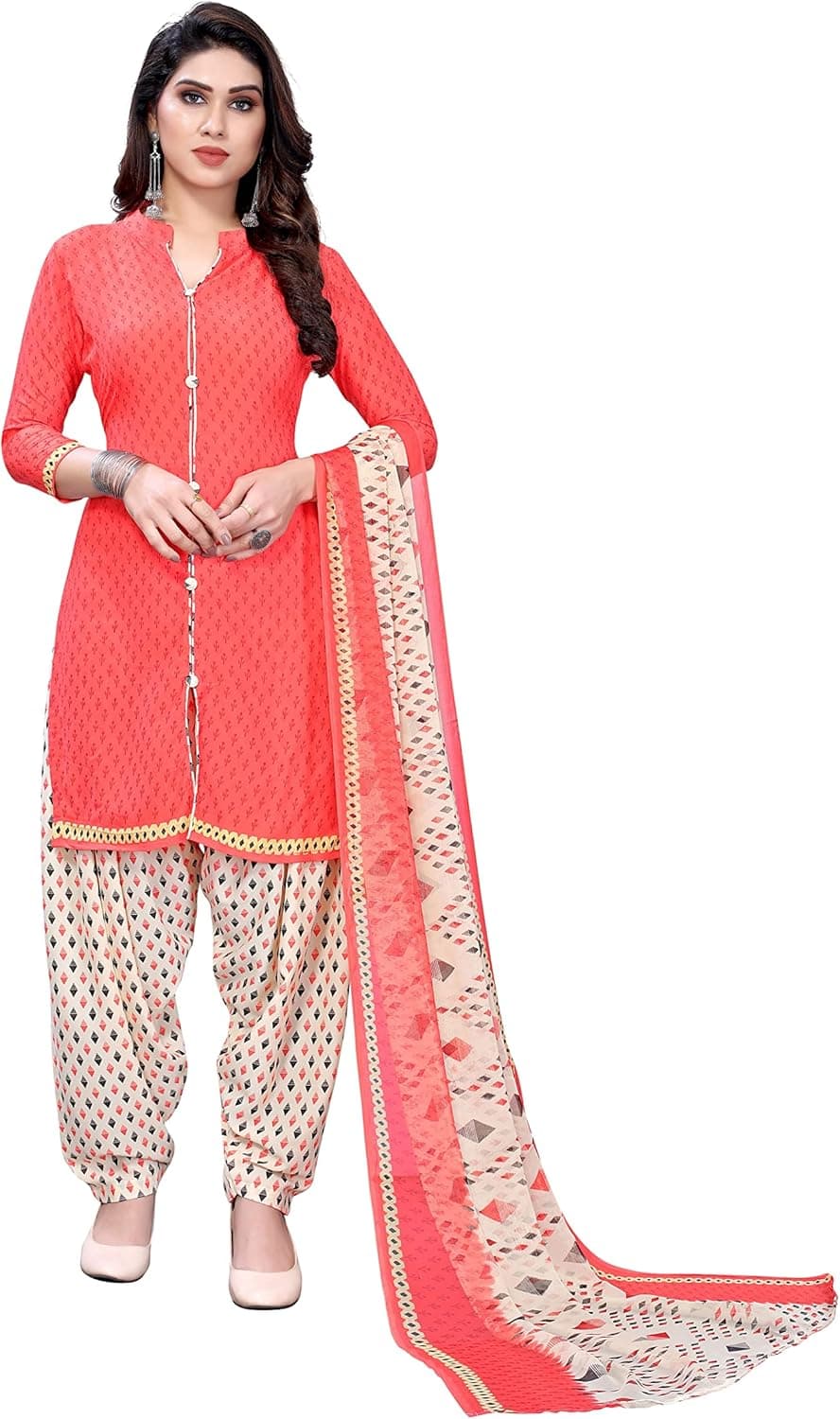 Unstitched PRINTED DRESS MATERIAL Indian Panjabi Style French Crepe Patiyala Salwar Suit with Dupatta for Women & Girls (AMBAR PEACH)