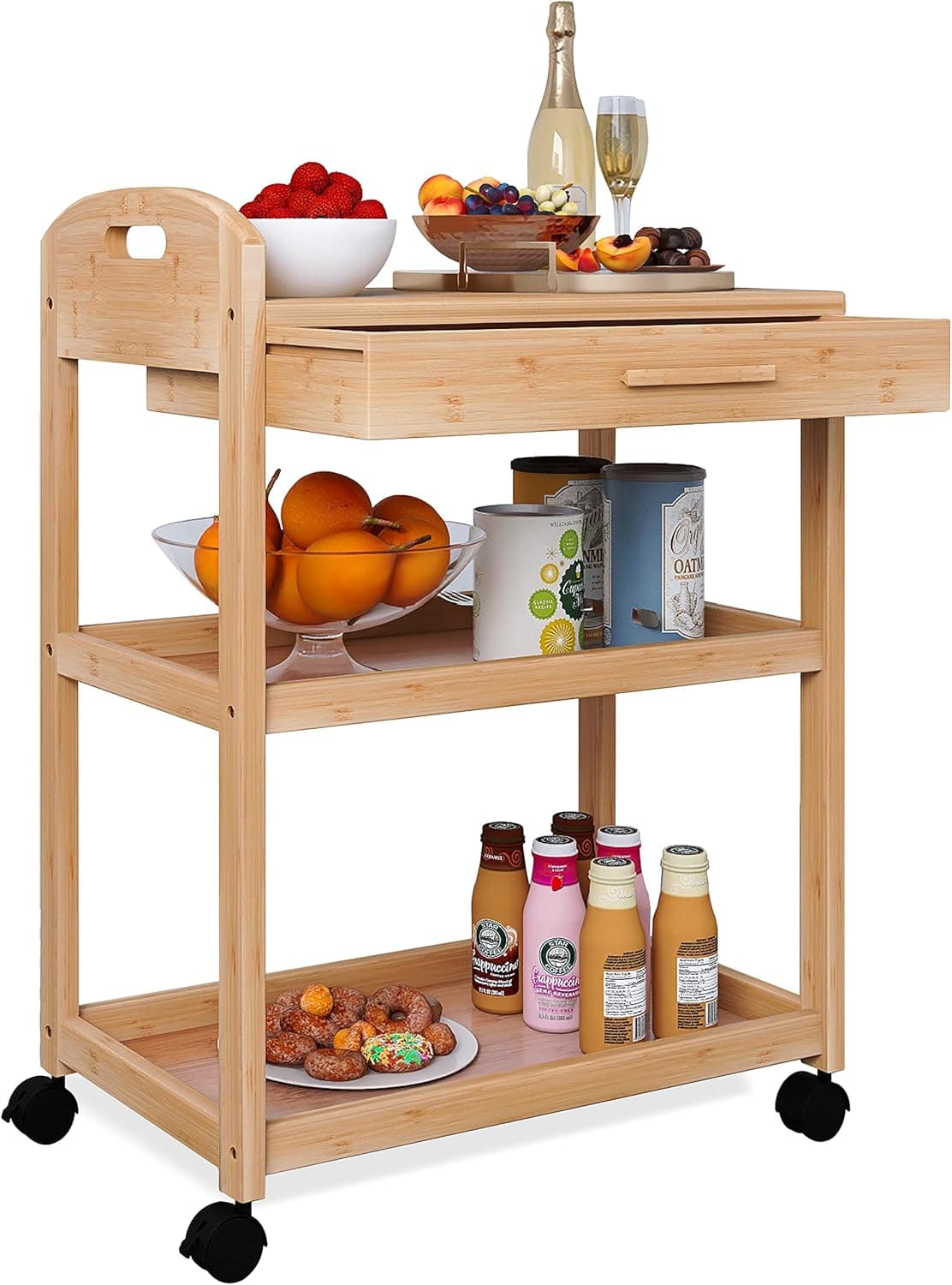 SMIBUY Kitchen Island Cart on Wheels with Storage Drawer & Shelves, Bamboo 3-Tier Rolling Utility Serving Rack with Solid Wood Countertop & Lockable Casters (Natural)