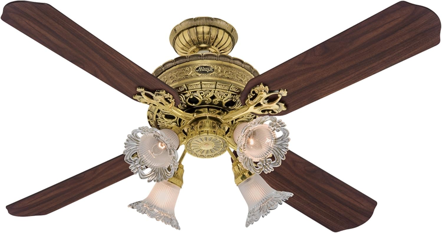 Hunter 23710 1896 Art Noveau 4-Light 52-Inch Ceiling Fan with 4 Mahogany/Dark-Walnut Blades, Burnished Brass
