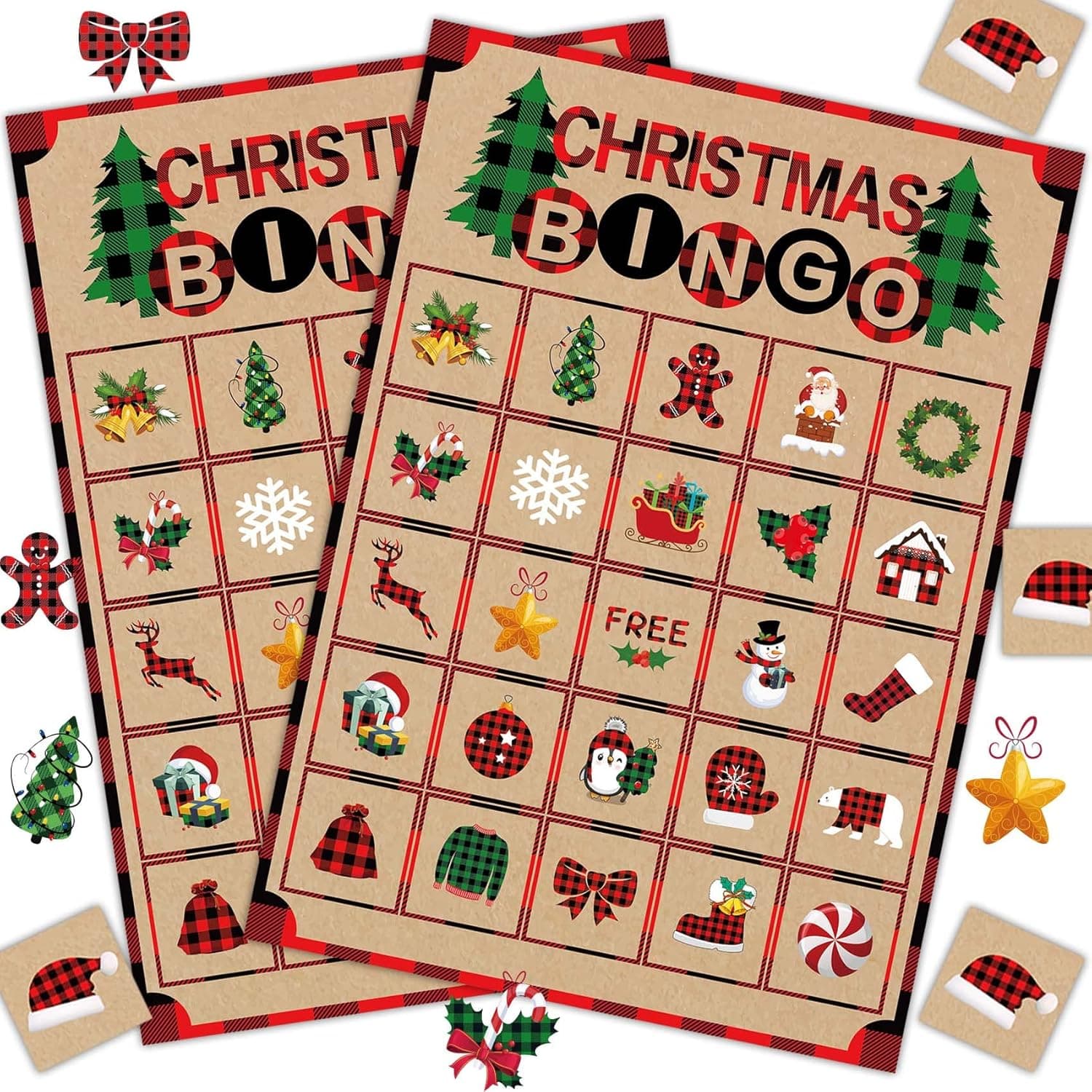 Joy Bang Christmas Bingo Game Christmas Bingo for Kids 24 Players Christmas Buffalo Plaid Bingo Cards for Adults Christmas Party Games for Family Large Group Xmas Holiday School Classroom Activities