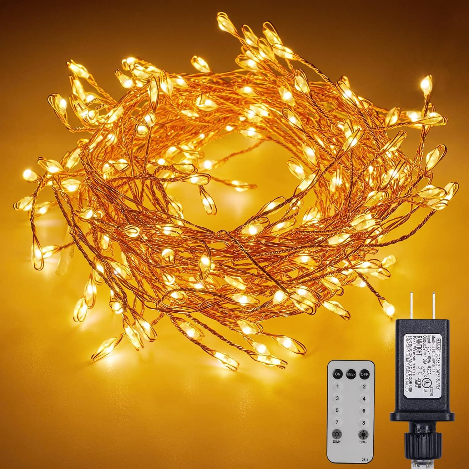 2Pack Fairy Lights with Remote, 10Ft 200LED Cluster String Lights Plug in, Waterproof Copper Wire Firecracker Firefly Lights for Bedroom Fireplace Wedding Christmas Tree Decorations, Warm White