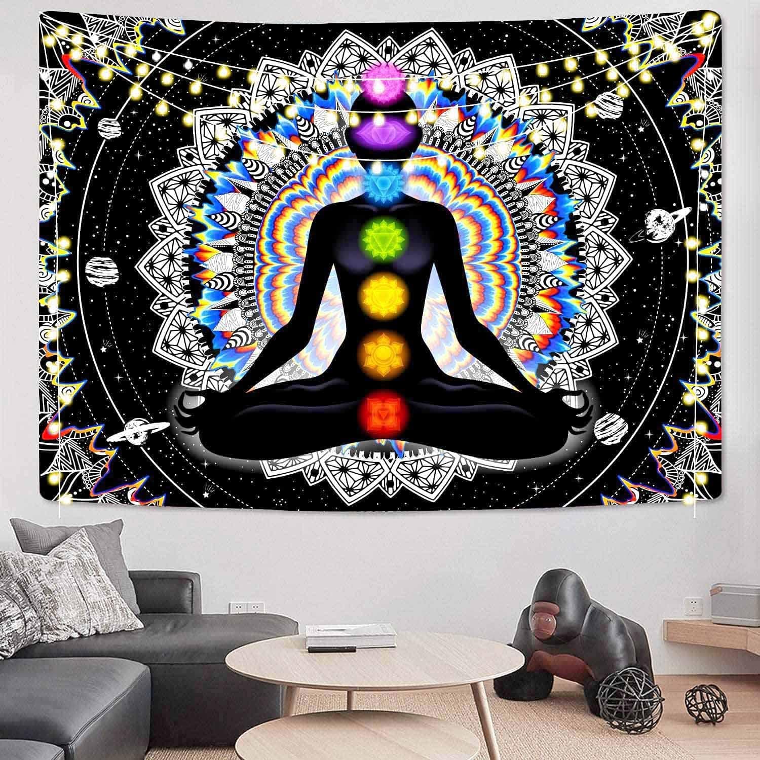 Wekoxo Seven Chakra Tapestry Mystic Bohemian Mandala Tapestries Colorful Yoga Meditation Tapestry Black and White Galaxy Stars Wall Hanging for living Room Decor(H59.1 x W82.7)