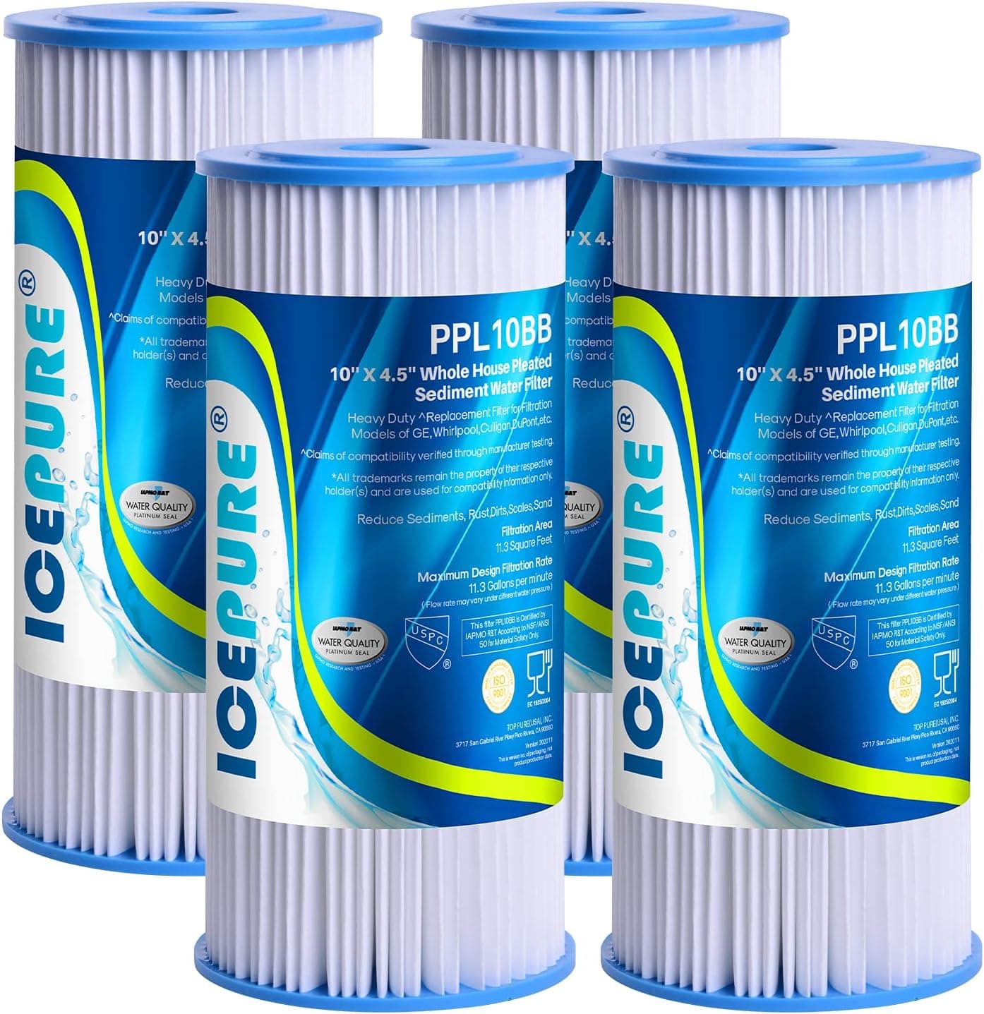 10" x 4.5" Whole House Pleated Sediment Water Filter Replacement for GE FXHSC, Culligan R50-BBSA, Pentek R50-BB, DuPont WFHDC3001, W50PEHD, GXWH40L, GXWH35F, for Well Water, Pack of 4