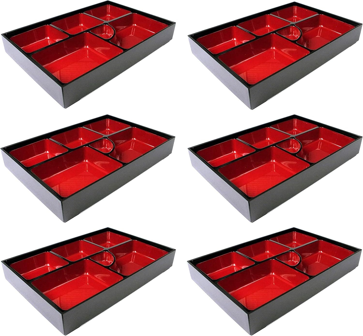 JapanBargain, Lot of 6 Japanese Restaurant Style Lunch Bento Boxes 6 Compartments for Restaurant or Home Traditional Plastic Lacquered Tray and Plate Set, Red and Black Color, Made in Japan