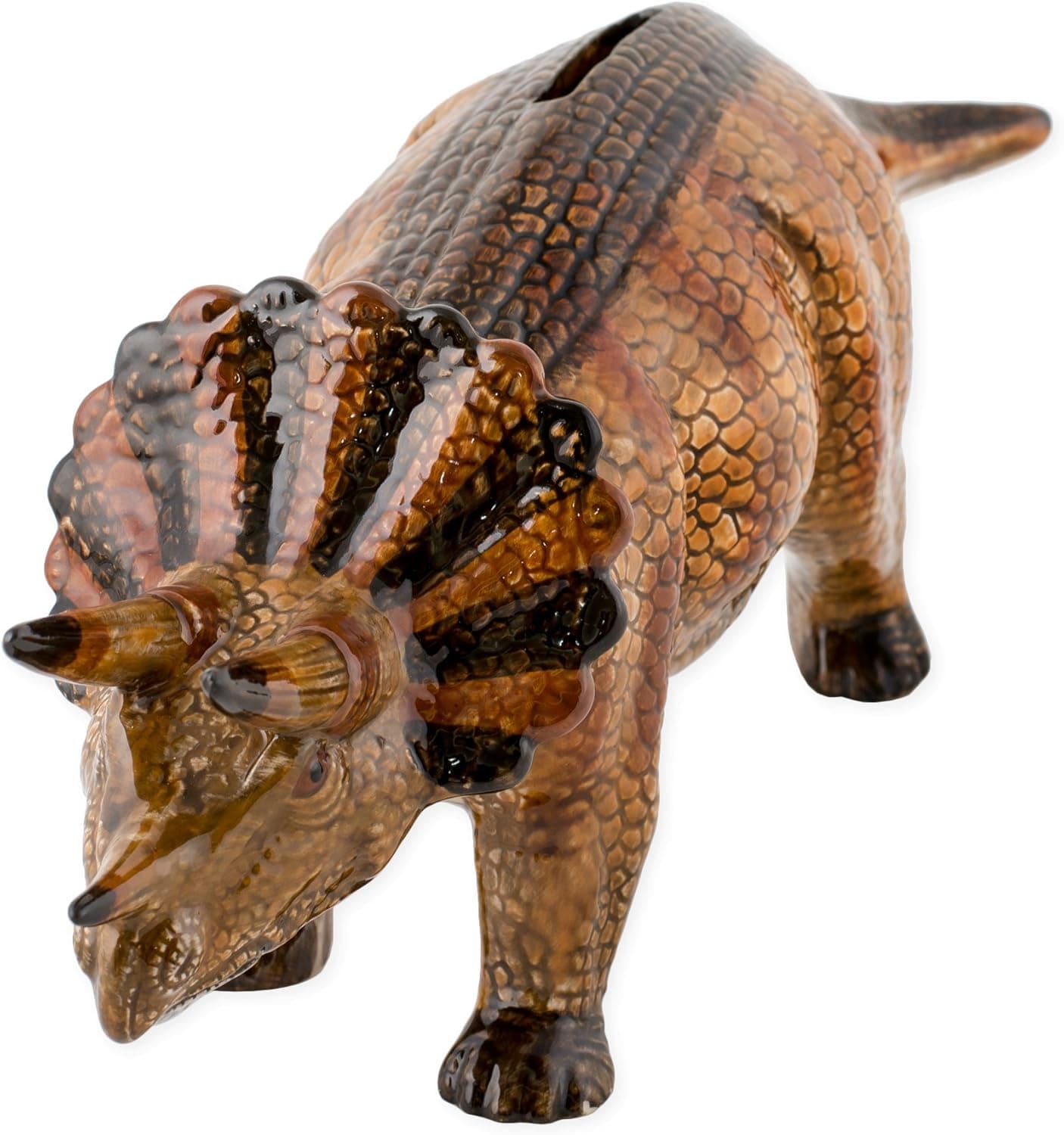 Triceratops Dinosaur Shaped Ceramic Stoneware Hand Painted Coin Bank